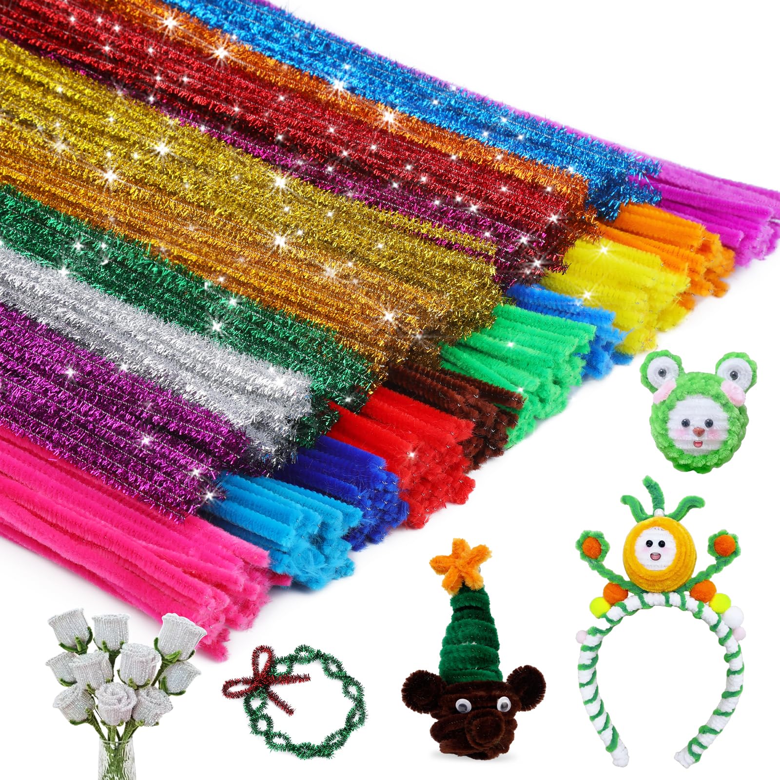 200Pcs Pipe Cleaners Chenille Stem Mixed Color, 100Pcs Glitter Color +100Pcs Bright Color Craft Pipe Cleaners, Fuzzy Sticks Pipe Cleaners Bulk for Arts and Crafts, Xmas Home Decoration
