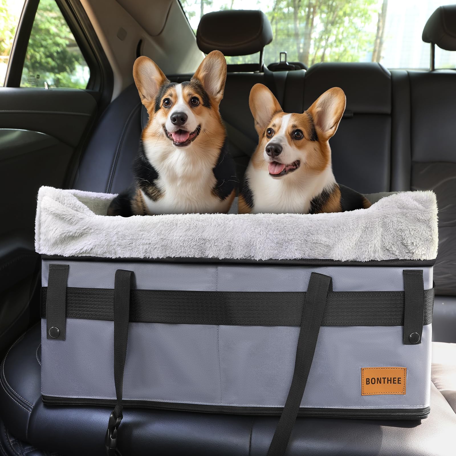 Dog Car Booster Seat,Medium or 2 Small Dogs Car Seat for Back Seats with 2 Clip-On Safety Leash,Adjustable Straps Puppy Car Seat,Perfect for Pets Up to 45lbs(Grey)