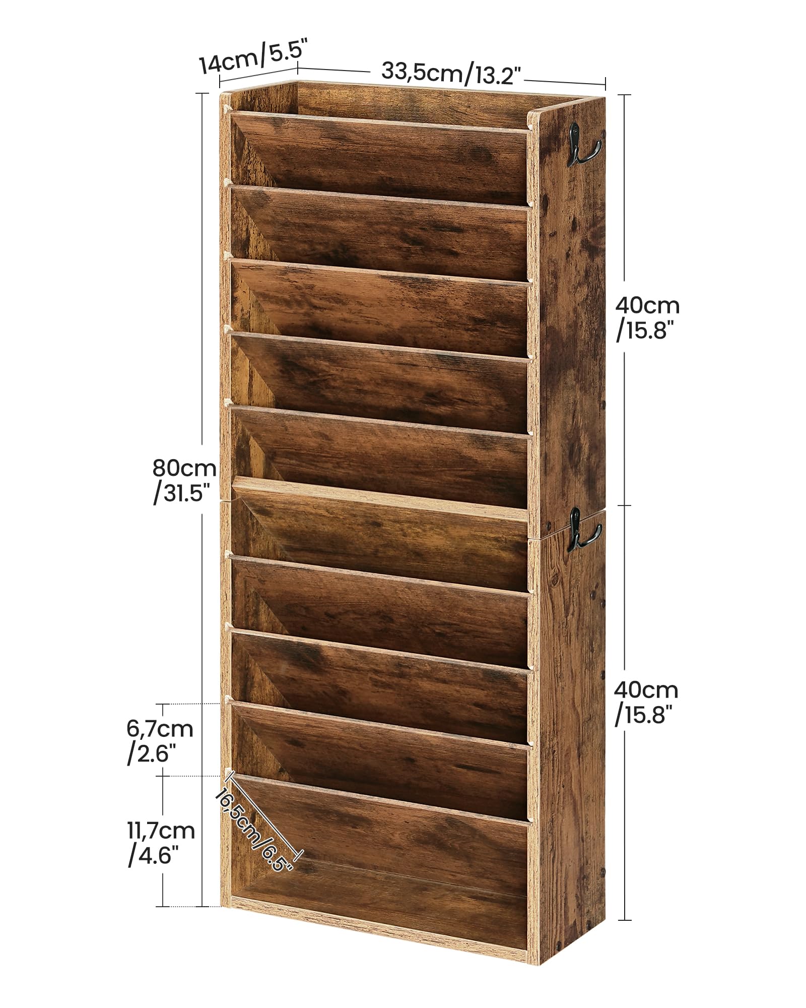 CHOEZON Organiseur mural à 10 niveaux, organiseur de courrier suspendu, porte-fichiers avec 4 crochets latéraux, organiseur de courrier industriel et de rangement, support vertical en bois pour bureau