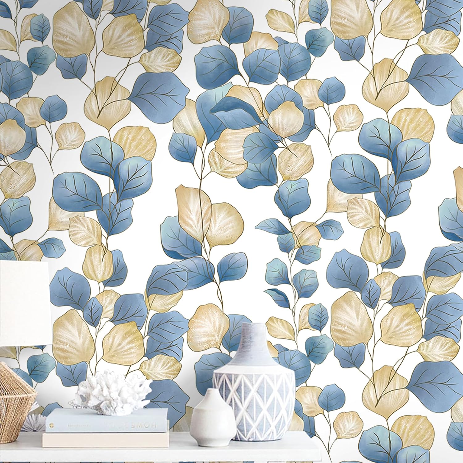 Vinjiasin Boho Peel and Stick Wallpaper Blue Leaf Contact Paper Modern Floral Wallpaper Self Adhesive Removable Wall Paper for Bathroom Bedroom Living Room Cabinet Countertop 17.3"x 78.7" 17.3" x 78.7" Blue