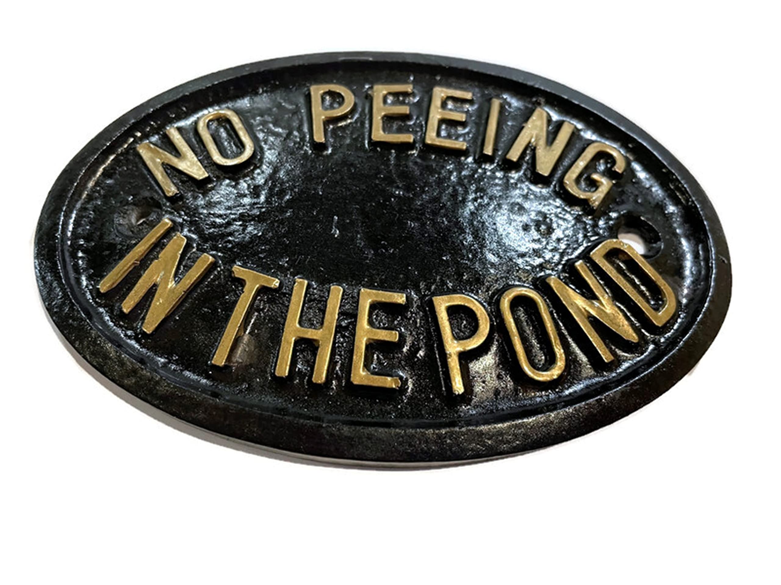 Penfound Black No Peeing In The Pond Plaque Gnome Sign With Gold Raised Lettering 5'' X 3.5'',