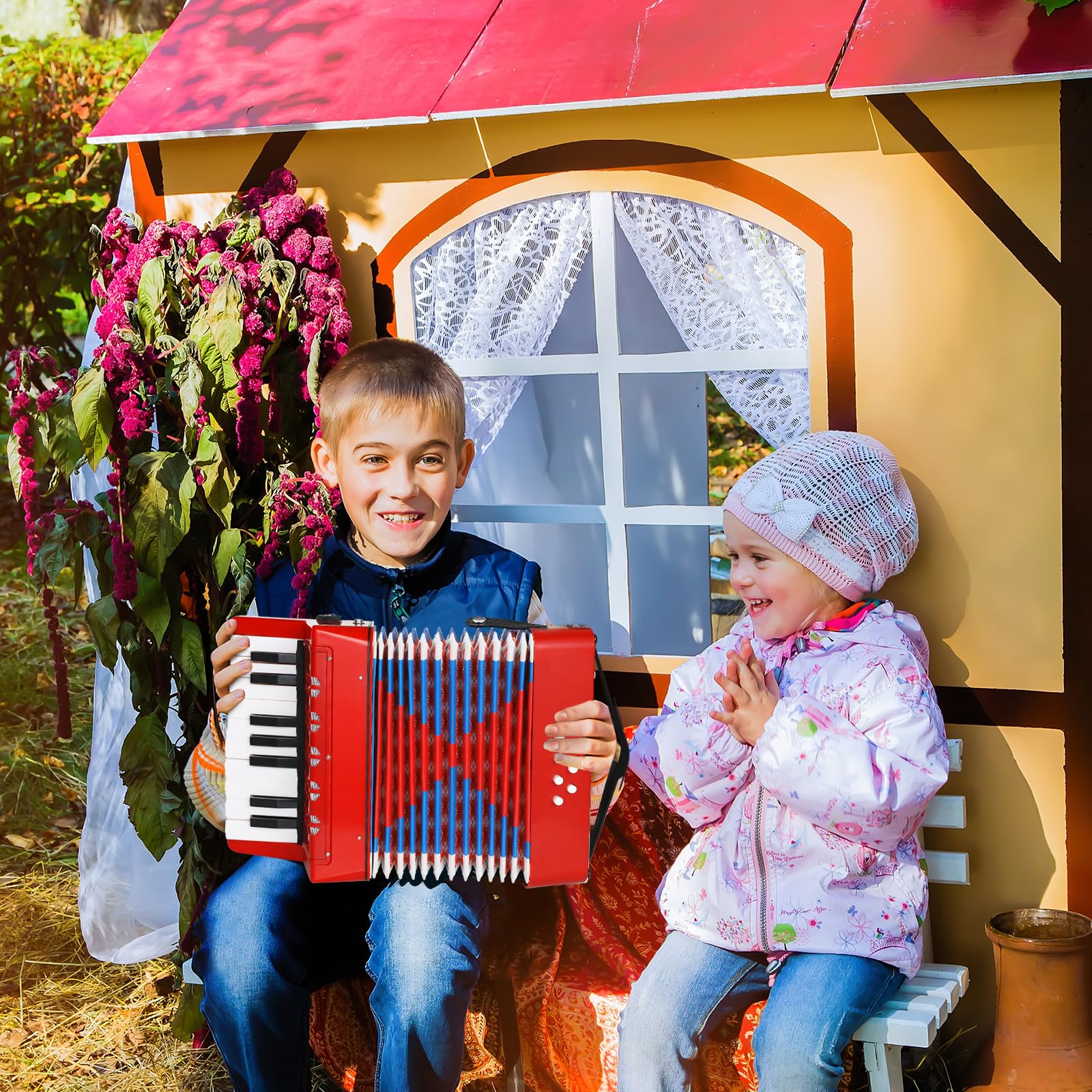 Fisarmonica per Bambini 17 Tasti 8 Bassi Pianoforte Organetto con Cinghie Regolabili Strumento Musicale per Principianti Rosso