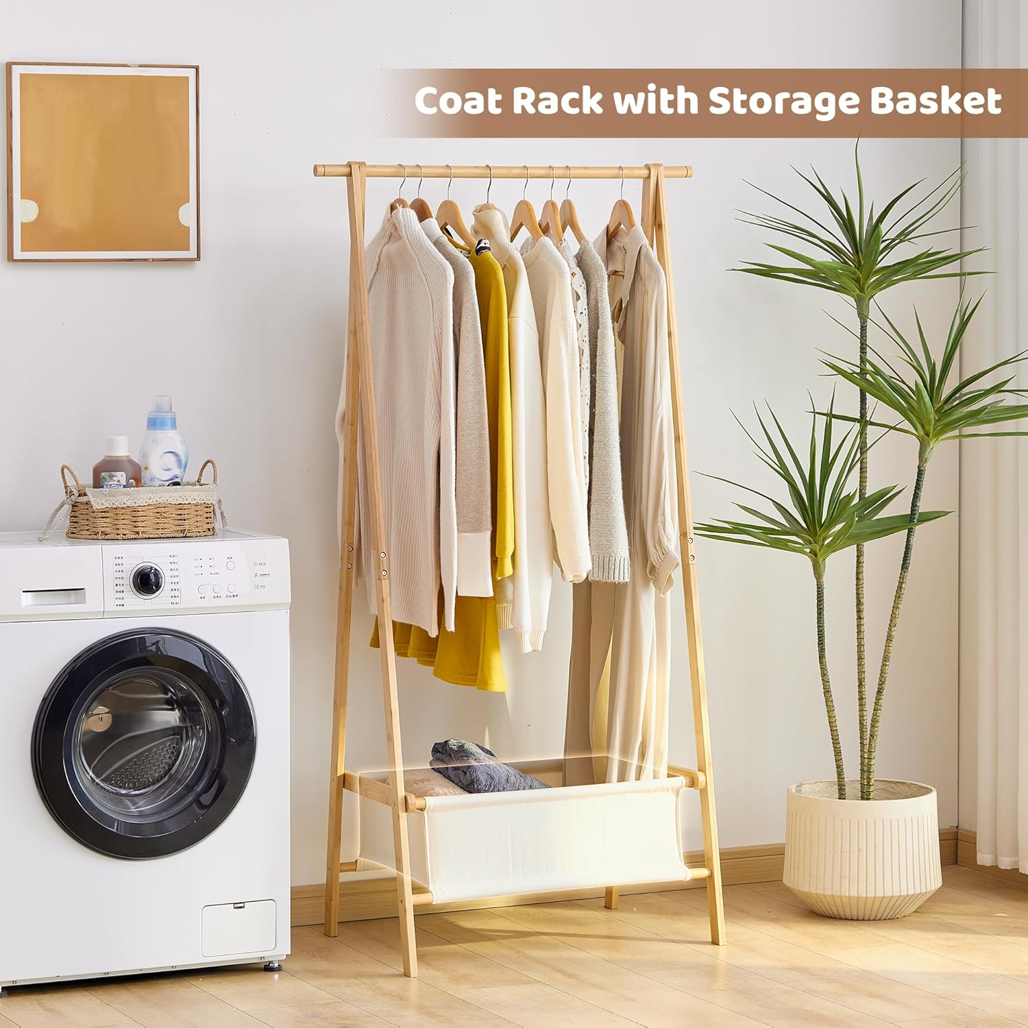 FILWH Bamboo Clothes Rack with Storage Box Foldable Garment Holder Coat Rack Freestanding Coat Stand Child Clothing Stand for Hanging Coat Dress up Racks (Natural, Large)