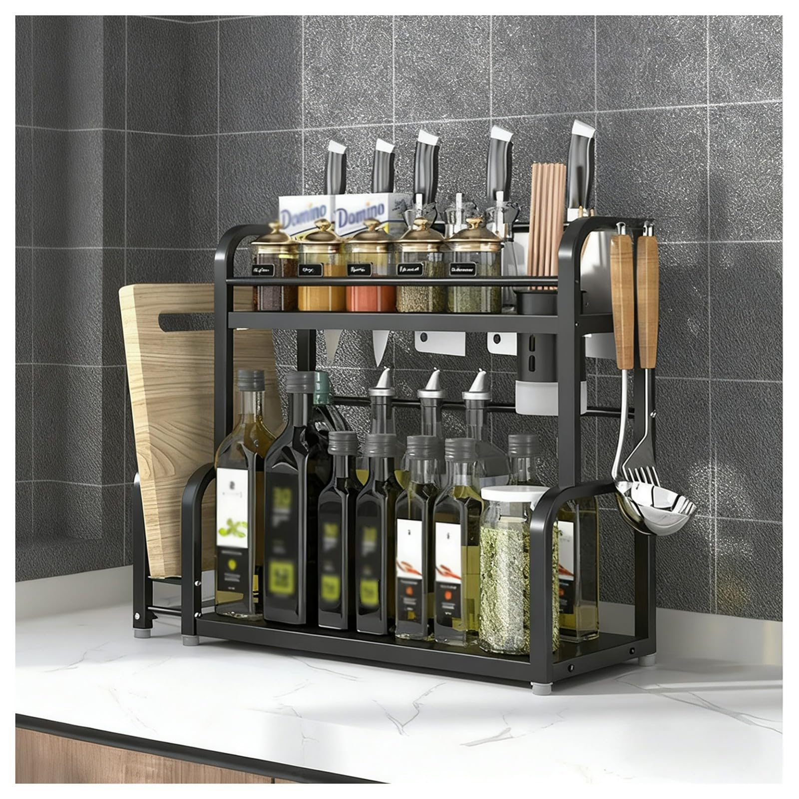 TIANQIHAO Stainless Steel Spice Rack For Kitchen, Large Standing Storage Tray With Hooks And Utensil Holders, Nizer For Pantry And Bathroom,2 Tier-40cm/15.7in
