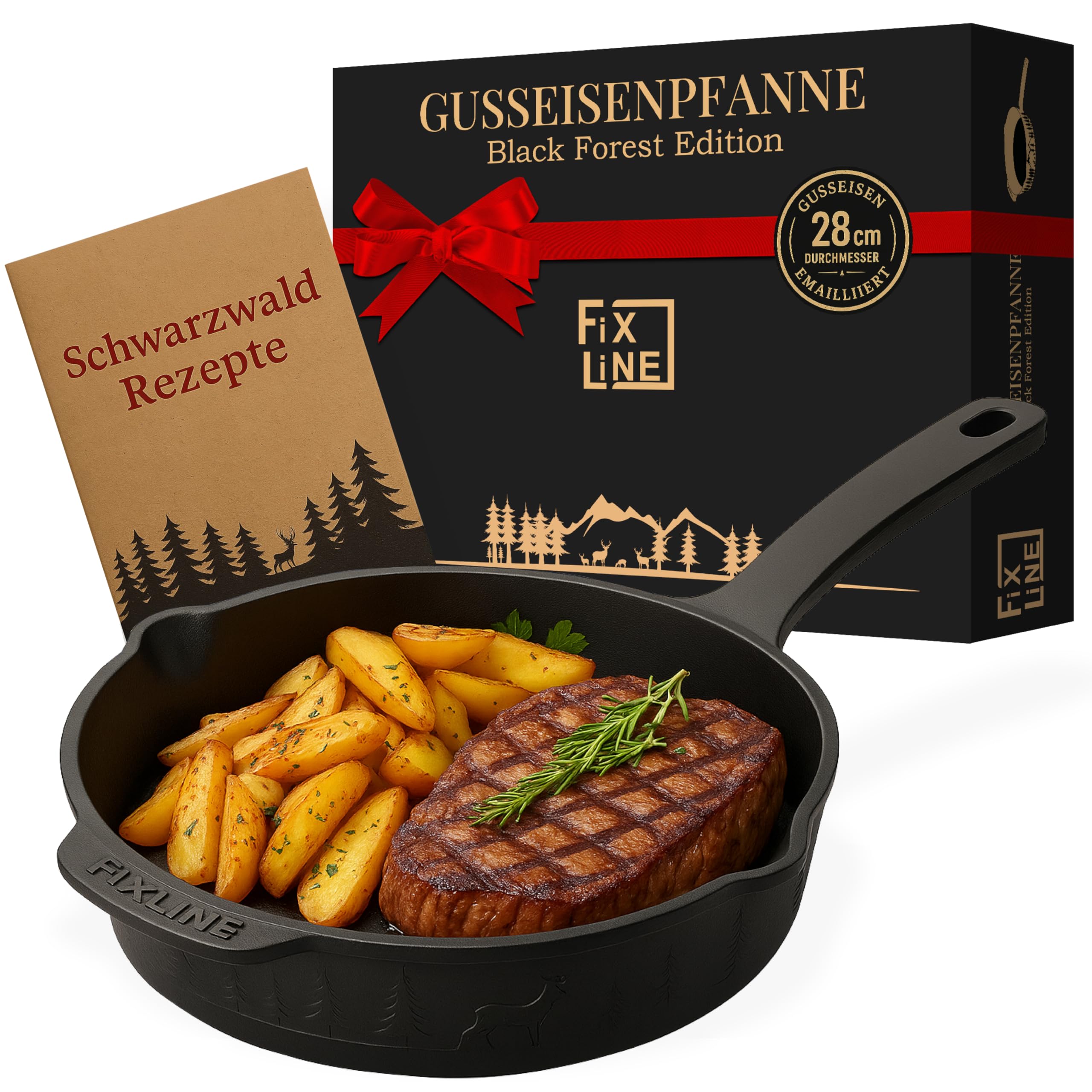 FIXLINE® Gusseisenpfanne in BLACK FOREST Edition 28cm - ORIGINAL - Induktion - Alle Herdarten inkl. Induktion - Emailliert - Kein Einbrennen nötig - Inklusive Rezeptbuch - Perfekte Geschenkidee