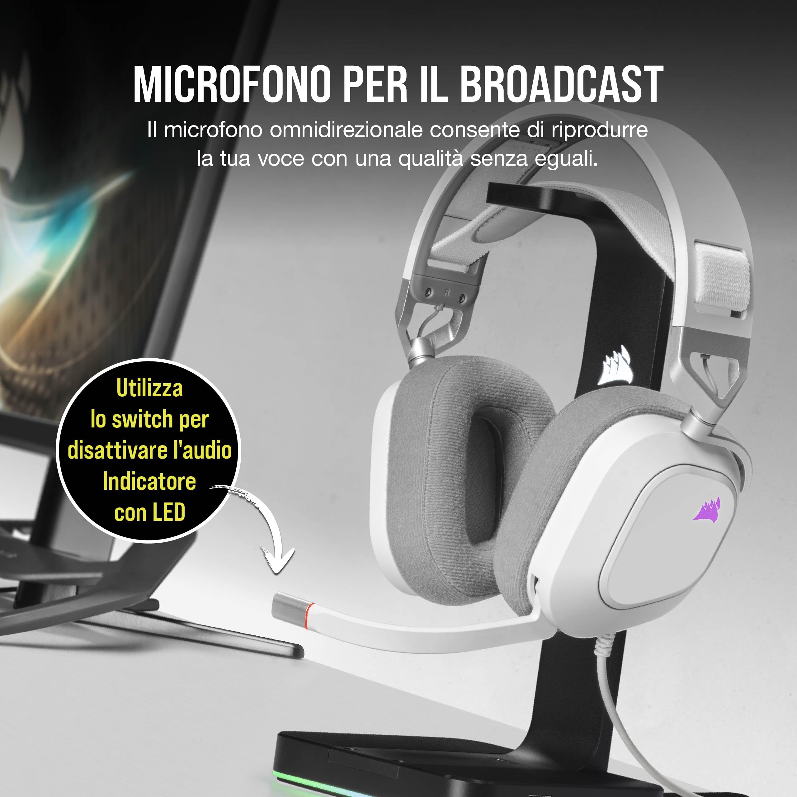 Corsair HS80 RGB USB Cuffia Gaming con Microfono Premium con Audio Surround 7.1, Microfono Broadcast Omnidirezionale, Controlli per Volume e Mute sul Padiglione, Illuminazione RGB Dinamica, Bianco