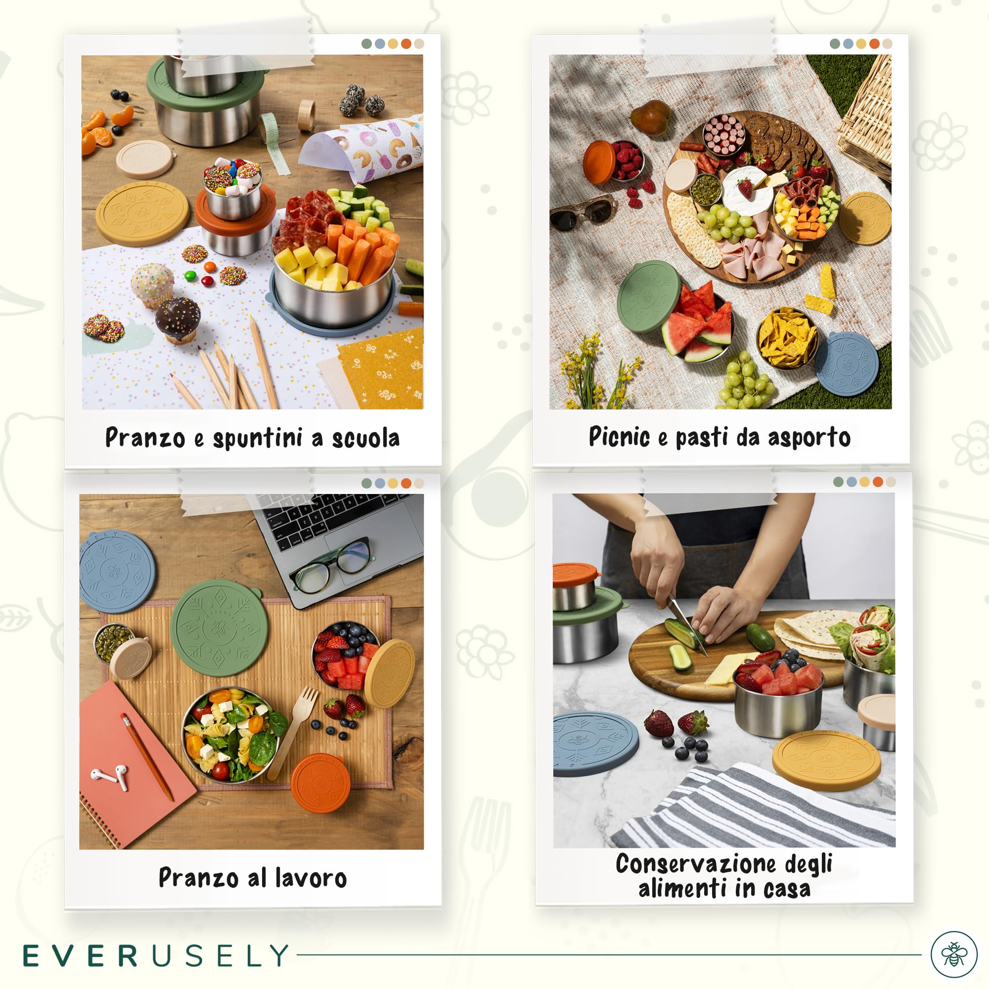 Everusely - Porta pranzo in acciaio inox con coperchi ermetici - Set da 5, collezione Muted - Porta pranzo ermetico - Contenitori per alimenti impilabili