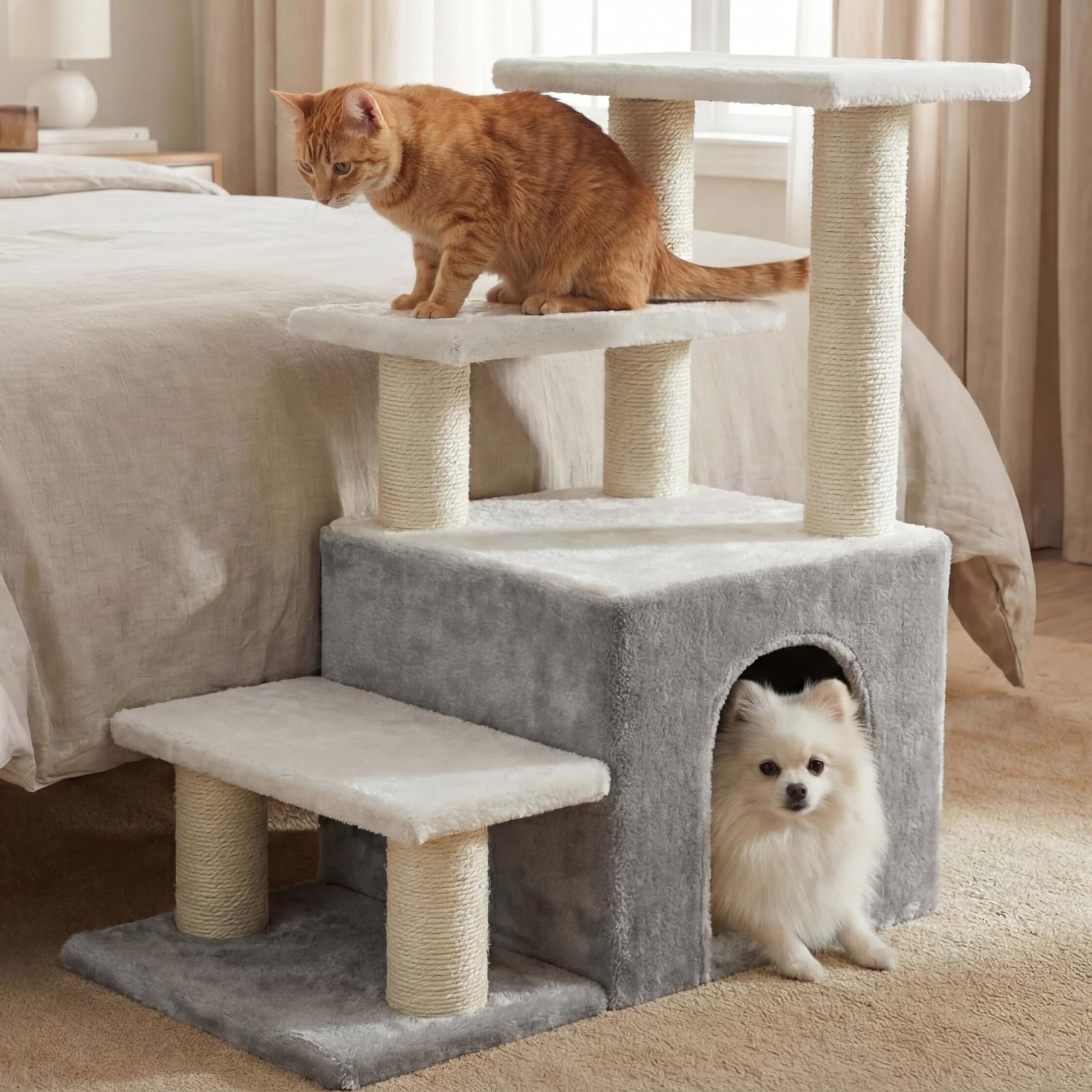 Heybly Cat Tree, 100 cm Tower Condo with Scratching Post, Cat Tower for Indoor Cats, Fully Wrapped Sisal Pole, Soft Platform, 2 Baskets and Dangling Toy, Beige HSP002SWWH