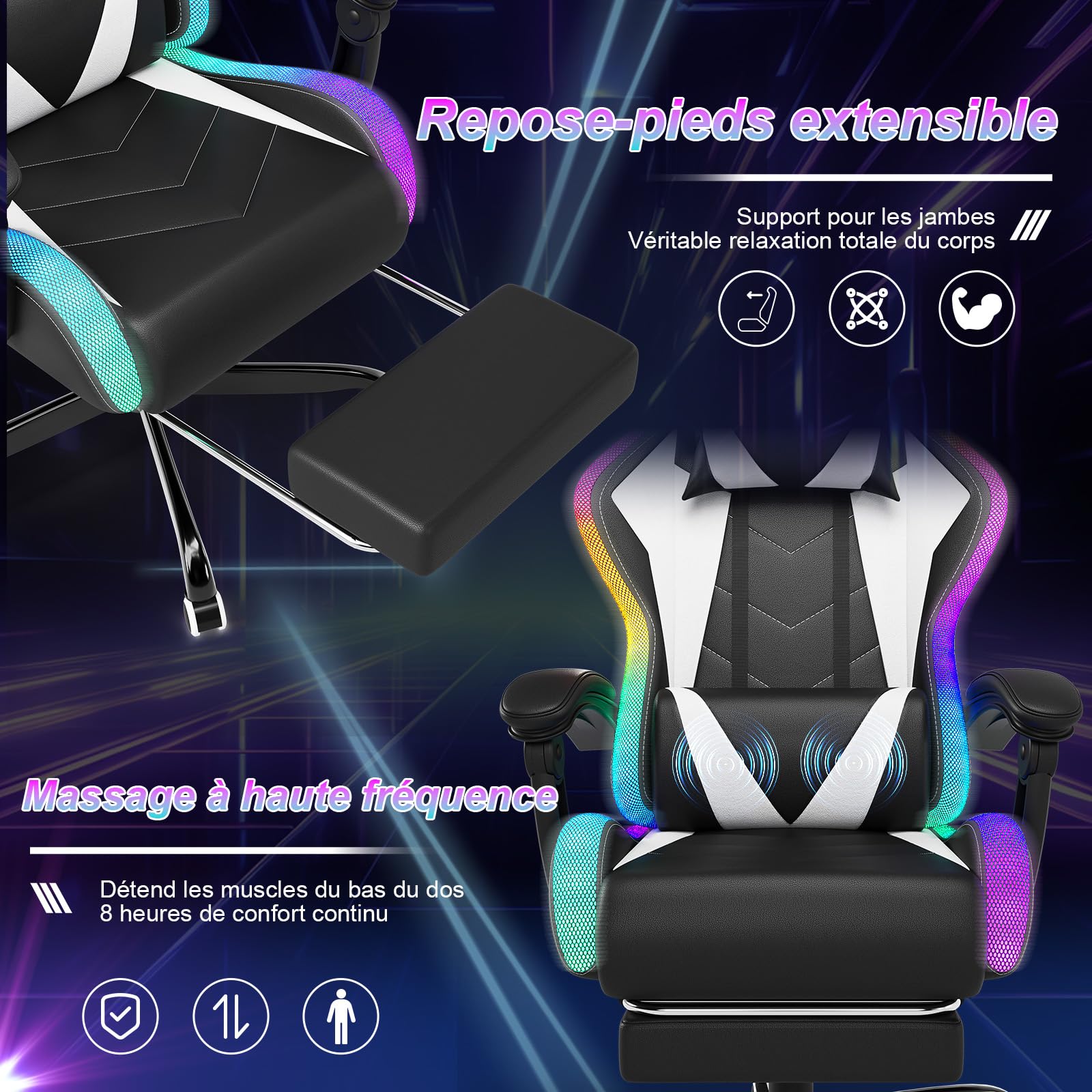 Devoko Chaise Gaming Ergonomique avec LED RGB, Massage Lombaire & Repose-Pieds – Fauteuil Gamer avec Appui-tête réglable – Dossier inclinable & Hauteur Ajustable – 180 kg,Blanc