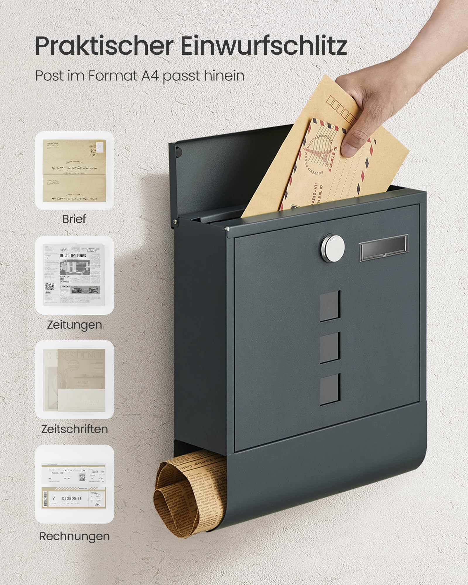 SONGMICS Wandbriefkasten, mit Schloss mit Drehdeckel, Sichtfenster, Namensschild, Zeitungsfach, einfache Montage, 10 x 30,8 x 33,8 cm, Anthrazitgrau GMB20AG