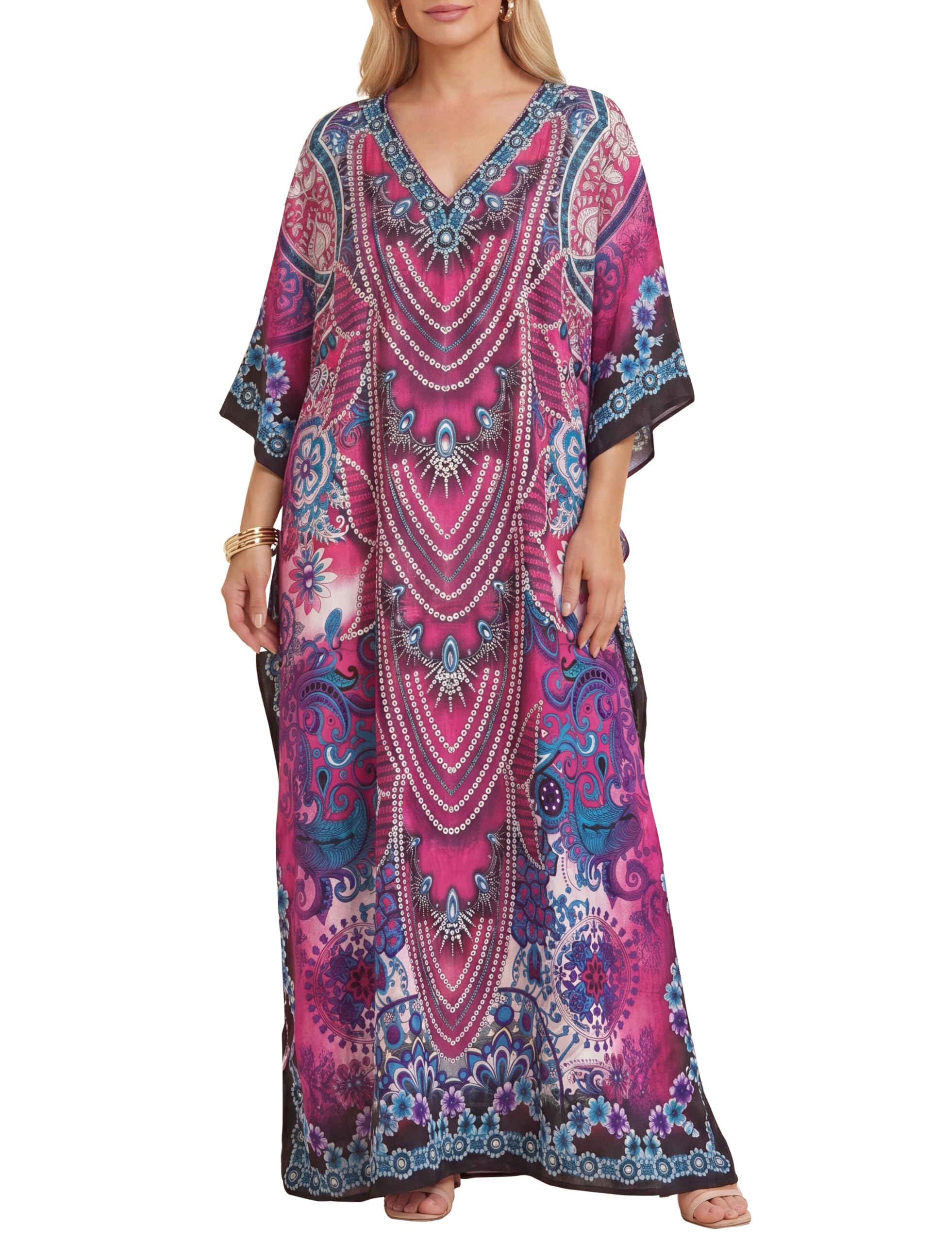 Love My Fashions Women's Fuchsia-01 Love My Fashions® Kaftans Morrocan Print Tunic Long Summer Dress Loungewear Swim Cover Up Beachwear Sundress Casual Nightwear