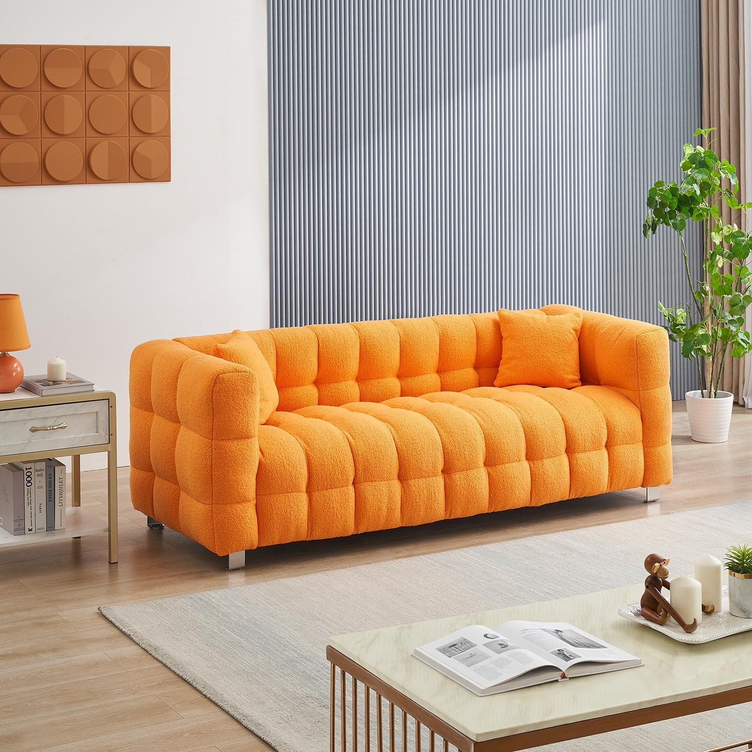 80-Inch Teddy Fleece Sofa， Retro Inspired Fluffy Wave Design, for Living Room or Bedroom, Including Two Throw Pillows & Sturdy Hardware Foot Support (Orange)