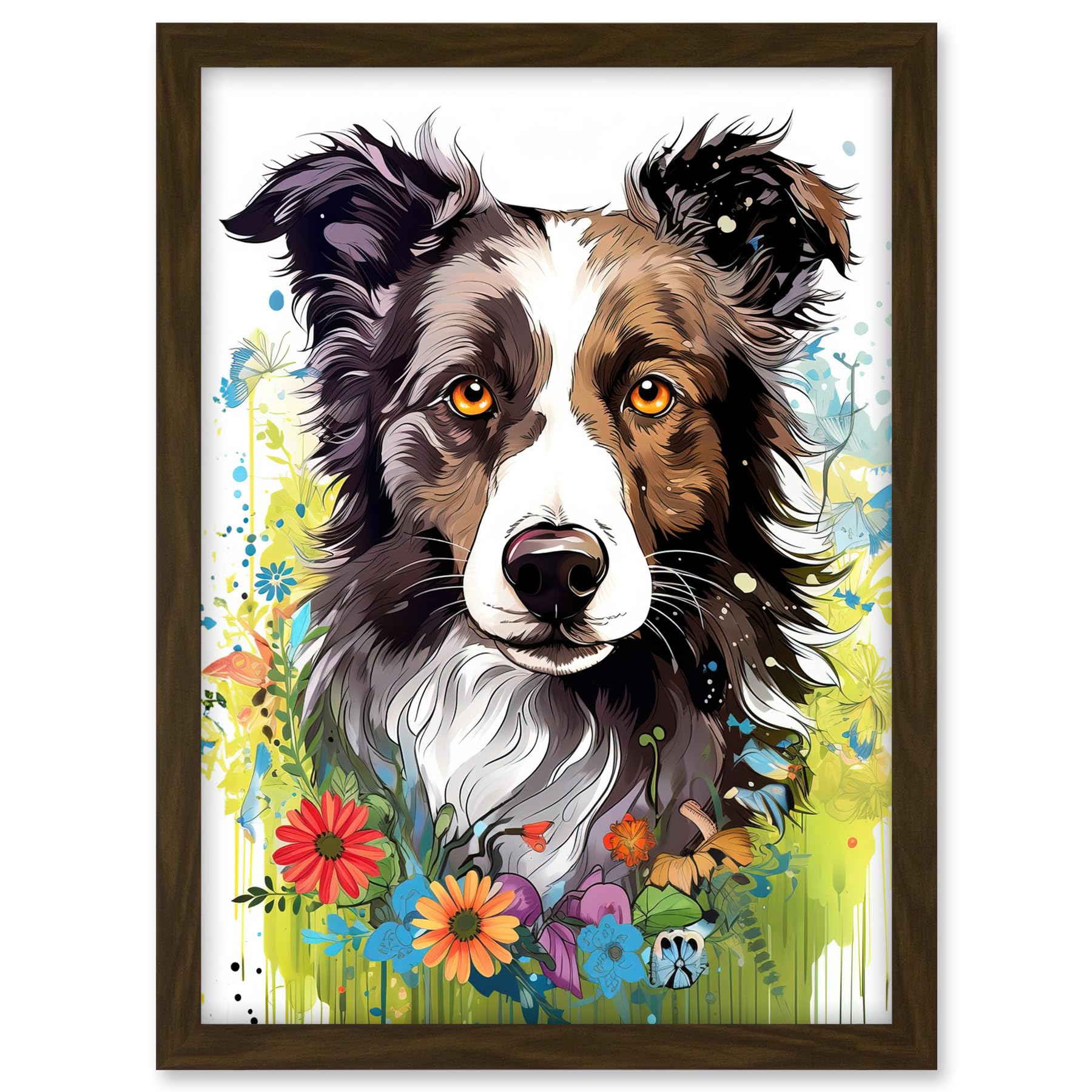 Artery8 Border Collie Dog Bright Watercolour Painting Floral Portrait with Wildflowers and Butterflies Artwork Framed A3 Wall Art Print
