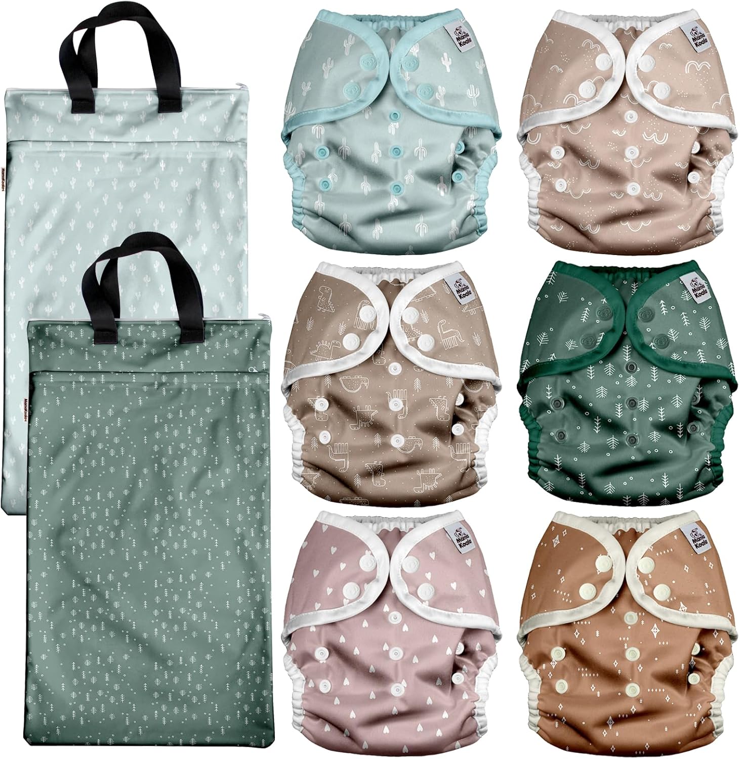 Mama Koala Reusable Adjustable Cloth Diaper Covers Size M,with 2 Pack Waterproof Hanging Wet Dry Bags