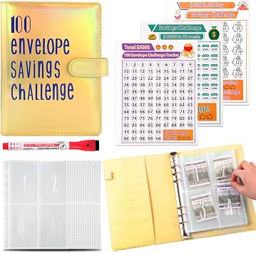 100 Envelopes Money Saving Challenge Binder, to Save $5,050, 10,000 and $500, 100 Days, 52 Weeks and 30 Days Challenge Binder, A5 Money Saving Planner Cash Envelope Budget Binder