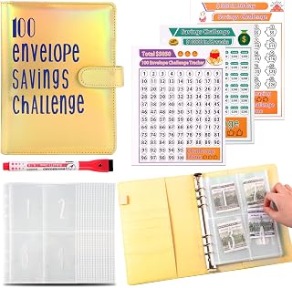 100 Envelopes Money Saving Challenge Binder, to Save $5,050, 10,000 and $500, 100 Days, 52 Weeks and 30 Days Challenge Binder, A5 Money Saving Planner Cash Envelope Budget Binder