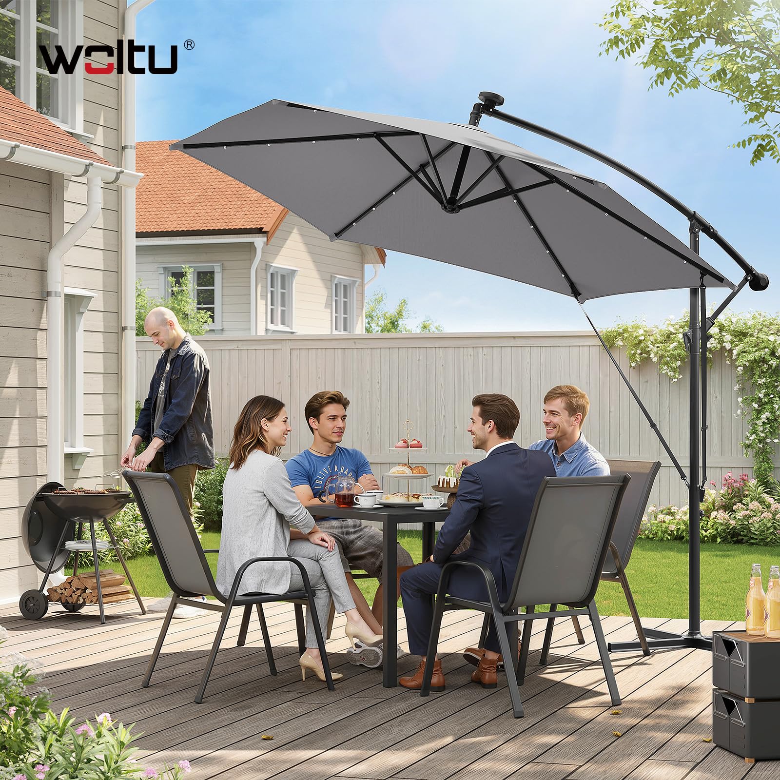 WOLTU Parasol Déporté, avec LED Solaire, Parasol de Jardin Extérieur, Hexagonal, Ф3m, Rotation à 360°, Inclinaison Réglable, UPF 50+, Mât en Métal, avec Manivelle, Housse et Cordes