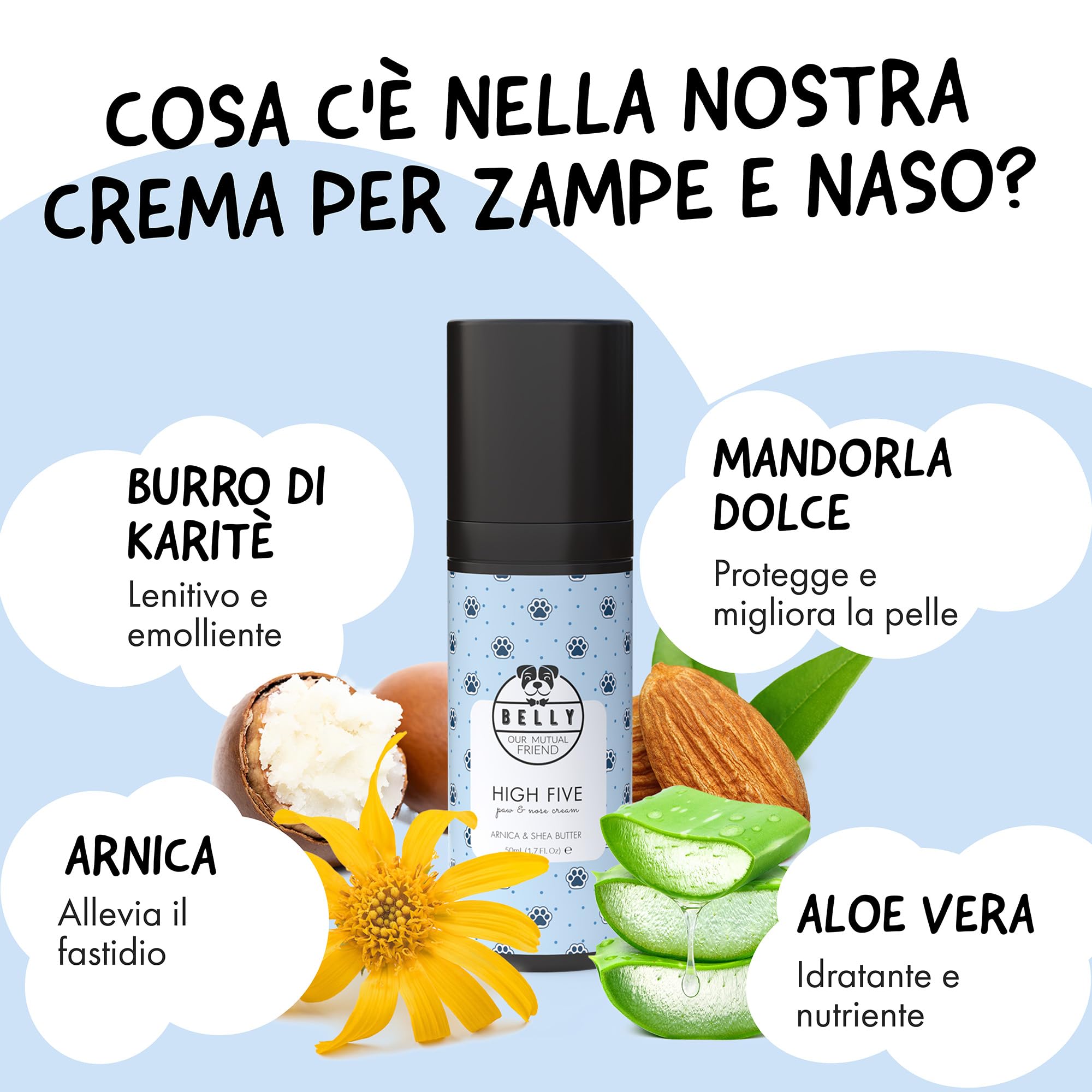 Belly® Crema Polpastrelli Cane, 50g – Anti Ghiaccio, Sale, Freddo – 100% Naturale Burro Karitè, Arnica, Aloe Vera – Idrata & Ripara – Polpastrelli Screpolati e Tartufi Secchi