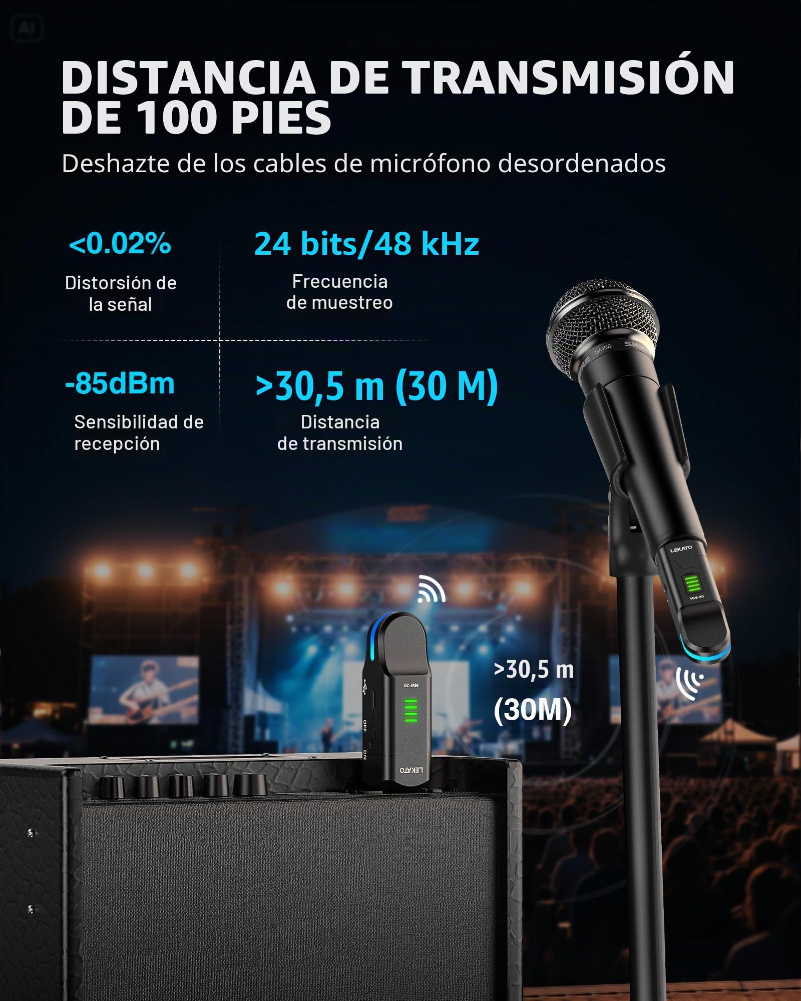LEKATO Transmisor y receptor de micrófono XLR inalámbrico de 2.4 GHz, fuente de alimentación fantasma de 48 V, condensador/micrófonos dinámicos compatibles, Plug & Play, duración de 8 horas para