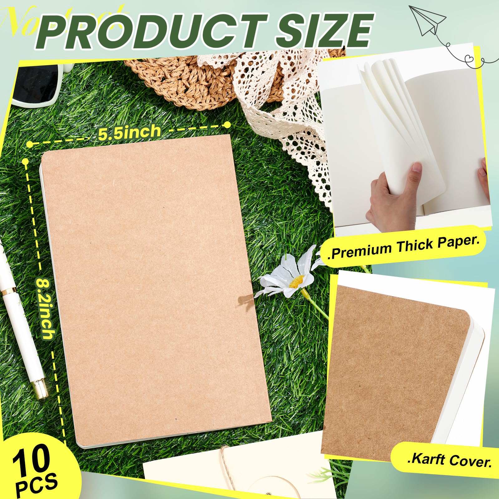 Zhanmai 10 quaderni in carta kraft, con copertina rigida, 12,7 x 20,3 cm, formato A5, 200 pagine, 100 fogli, marrone, per viaggiatori, ufficio, scuola, forniture per scrittura (vuoto)
