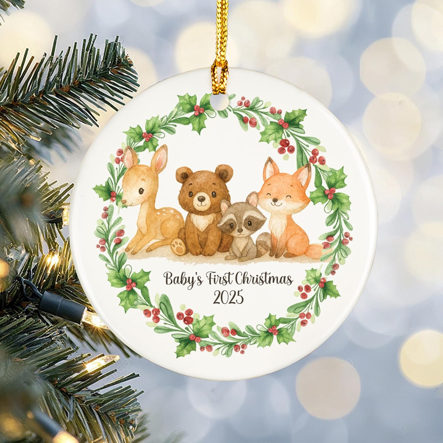 Baby's Frist Christmas Vintage Woodland Animals, Christmas Ornament 2025, 2 Sided Ceramic 3.5", Gift for Newborn Girl Boy - Image 7