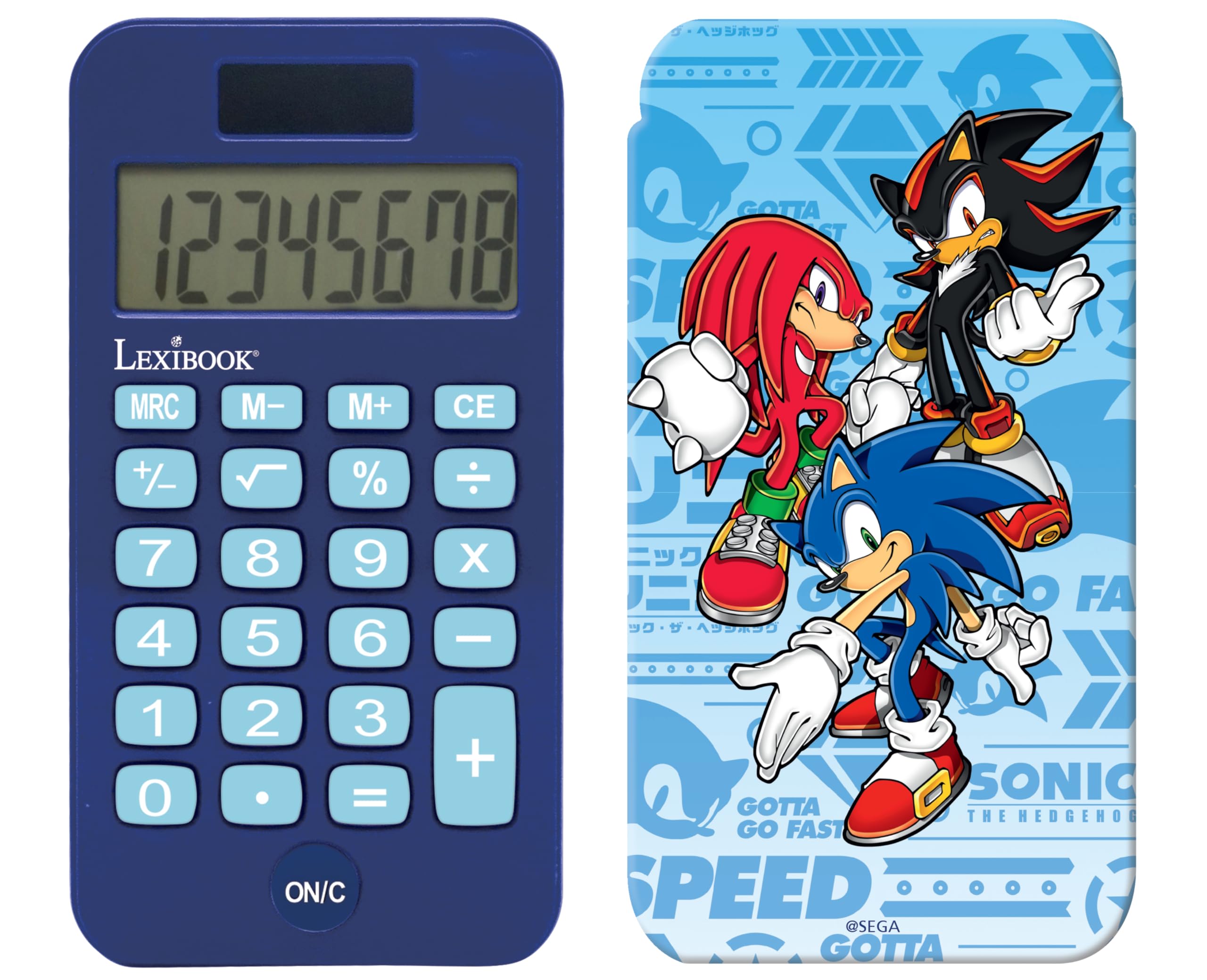 Lexibook, SEGA Sonic The Hedgehog, Pocket Calculator with Protection Cover, Conventional and Advanced Calculator Functions, battery and solar-powered, Blue, C45SN