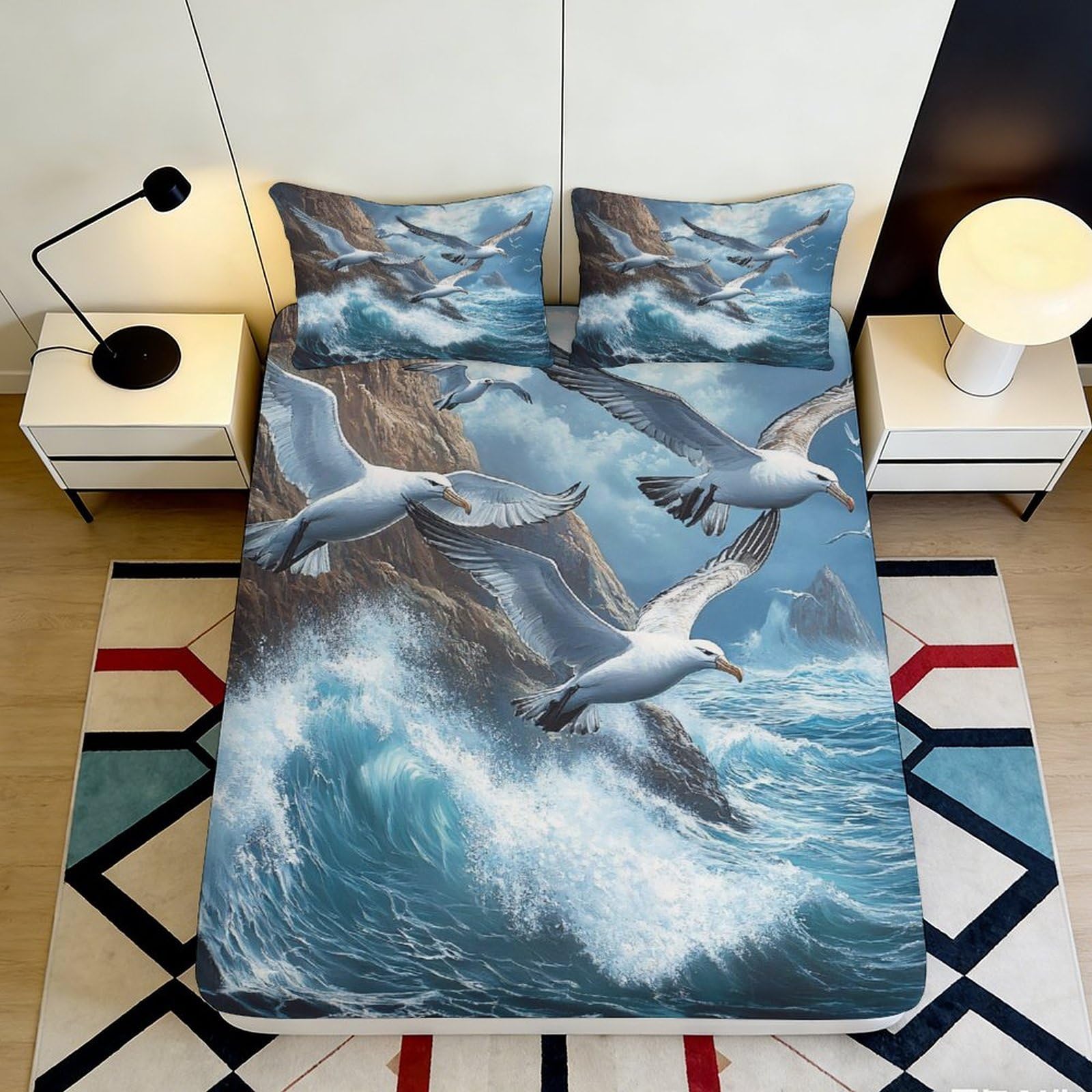 3D Printed Seagull Ocean Fitted Sheet Microfiber Deep Pocket Non-Slip Bedroom Bedding Seaside Mattress Fitted Cover Washable 120x200x25cm
