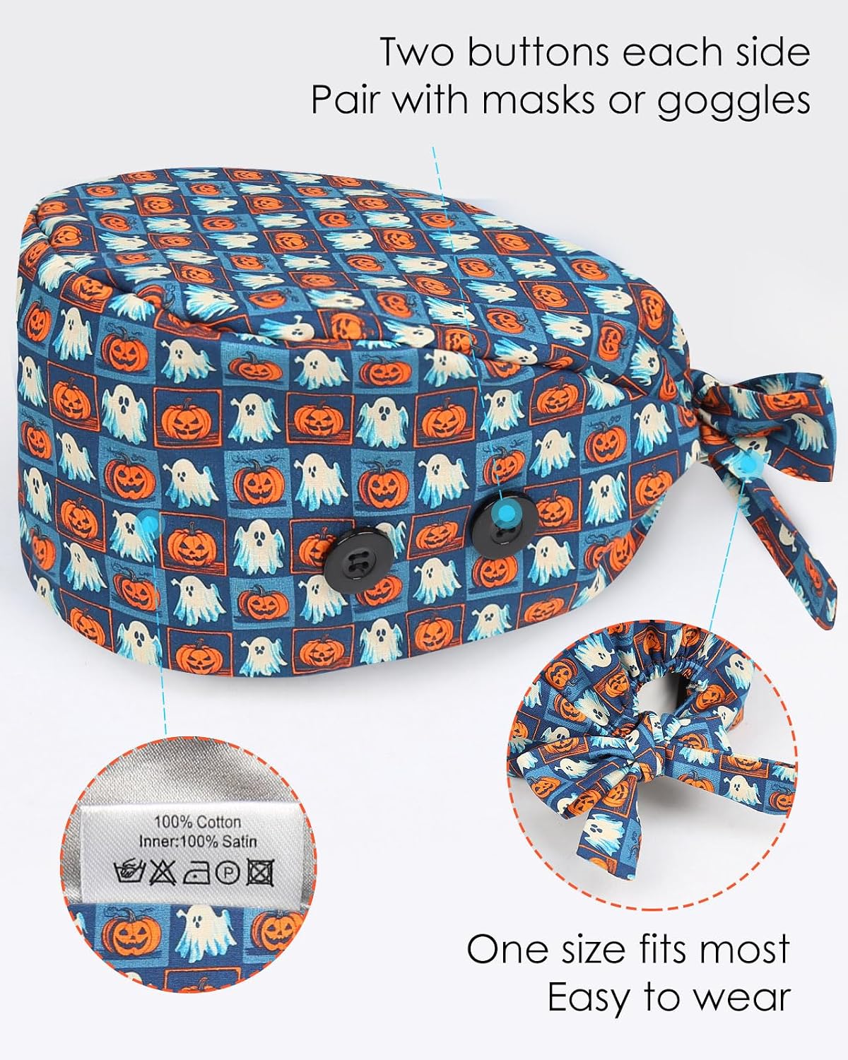 Satin Lined Scrub Cap with Buttons & Sweathand, Unisex Tie-Back Surgical Cap