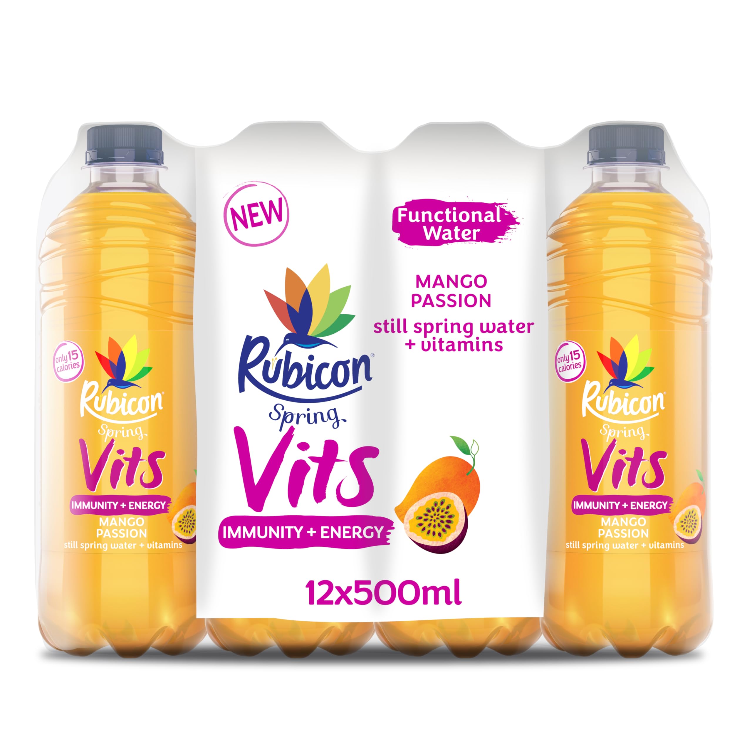 Rubicon Spring Vits Mango Passion Still Vitamin Water - 15 Calories per bottle for healthy hydration - Drinks Multipack 12 x 500ml Bottles