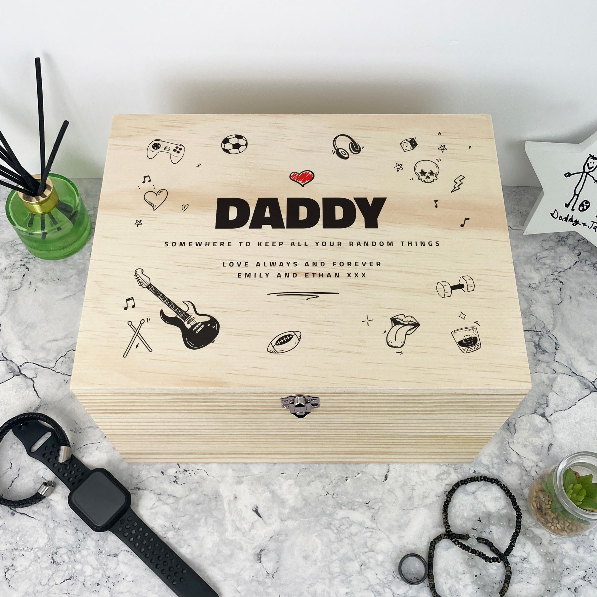 Caja de recuerdos personalizada de madera de pino con diseño de garabatos del día del padre, regalo del día del padre, caja de recuerdo de madera personalizada, añade tu propio texto, bisagras y