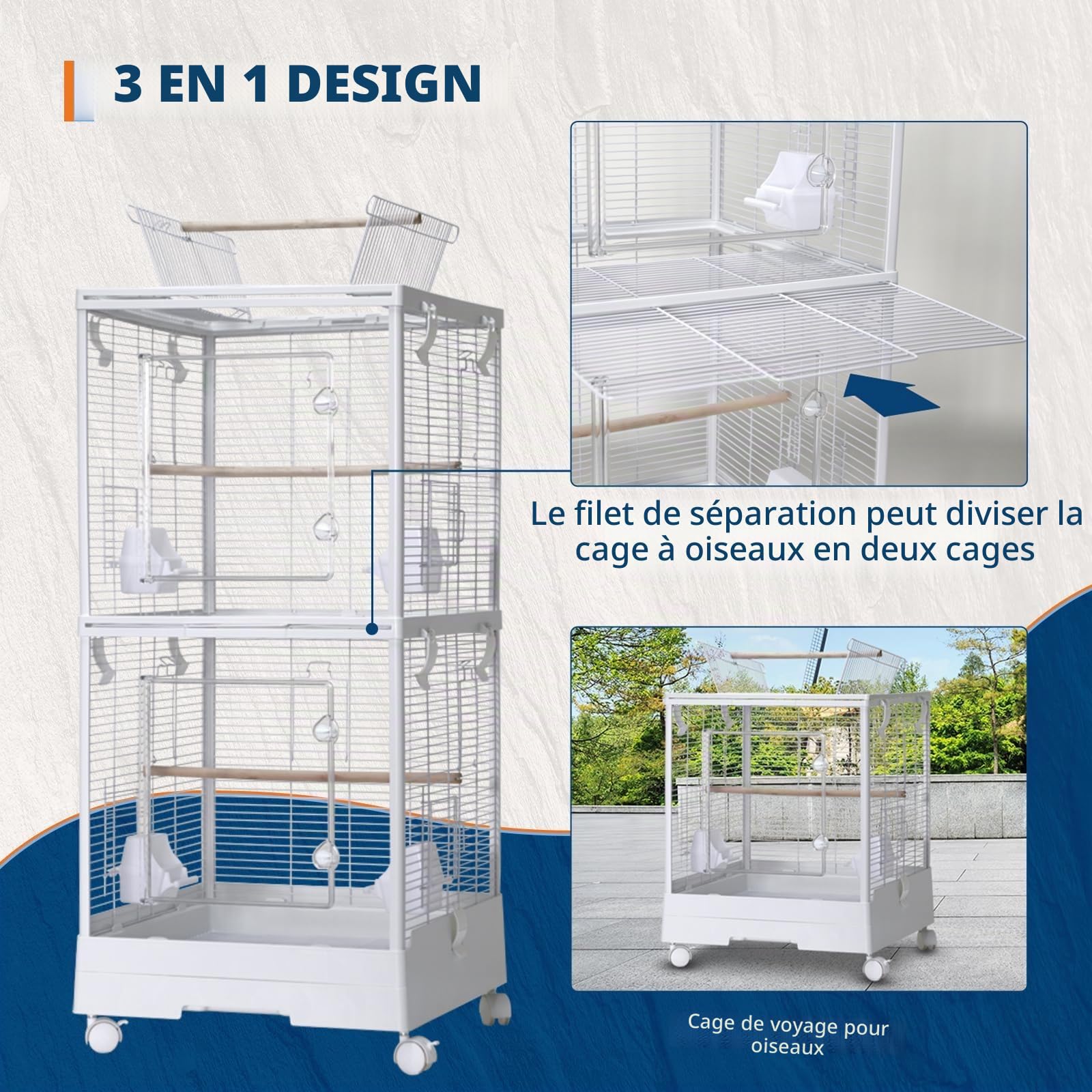 Garvee Grand Cage à Oiseaux 46x46x110cm, avec roulettes, Double Compartiment, Toit ouvrant pour Jeu, Séparation Amovible, Nettoyage Facile, Structure en Acier Durable Non Toxique pour perroquets