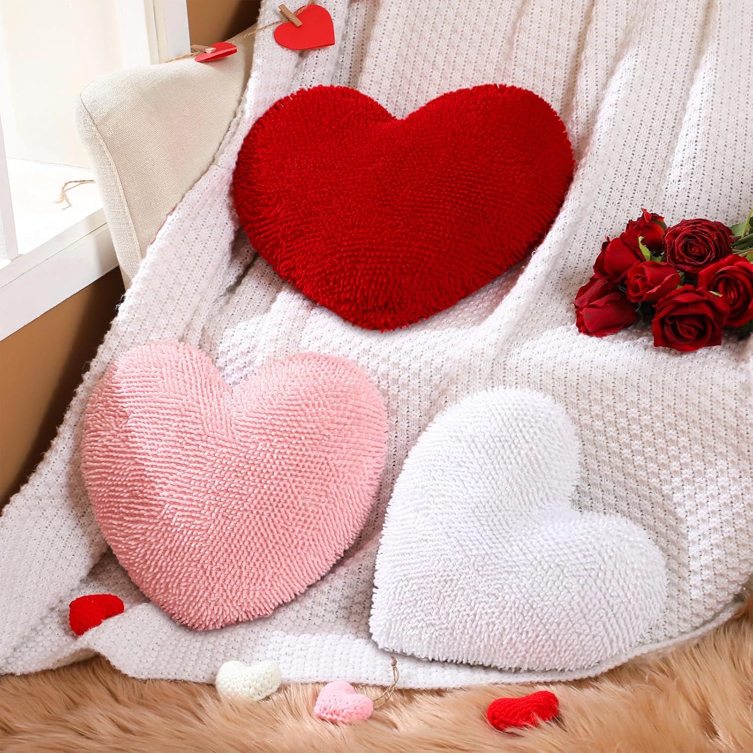 Wonderjune 3 Pcs Valentine's Day Heart Shaped Pillows Galentines Heart Shaped Throw Pillow Plush Soft Velvet Red Pink White Pillows for Valentine Galentine Party Friends Gift Living Room/Dining Room
