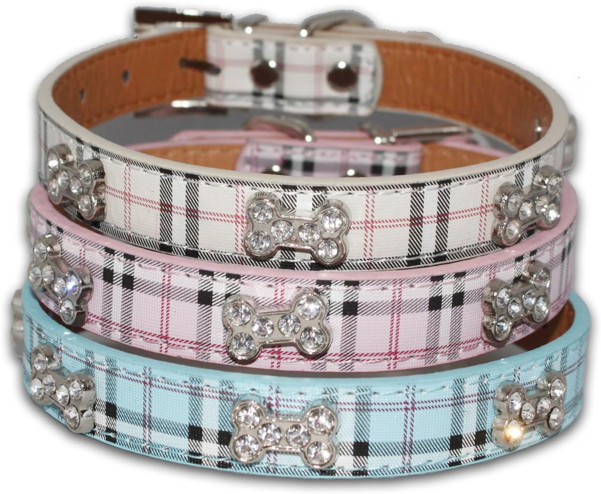 Doggystyles Dog Collar Puppy Coller Tartan Plaid Diamante Bone Small Medium PU Leather Terrier Scottish UK (Medium 32cm-40cm W=2cm, Pink)