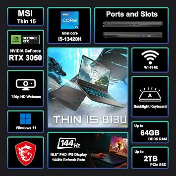 msi Thin 15 Gaming Laptop 15.6 FHD IPS 144Hz Intel 8 core i5-13420H (Beats i7-11800H) 16GB RAM 512GB SSD GeForce RTX 3050 Backlit Type-C Win11Pro ICP Hub