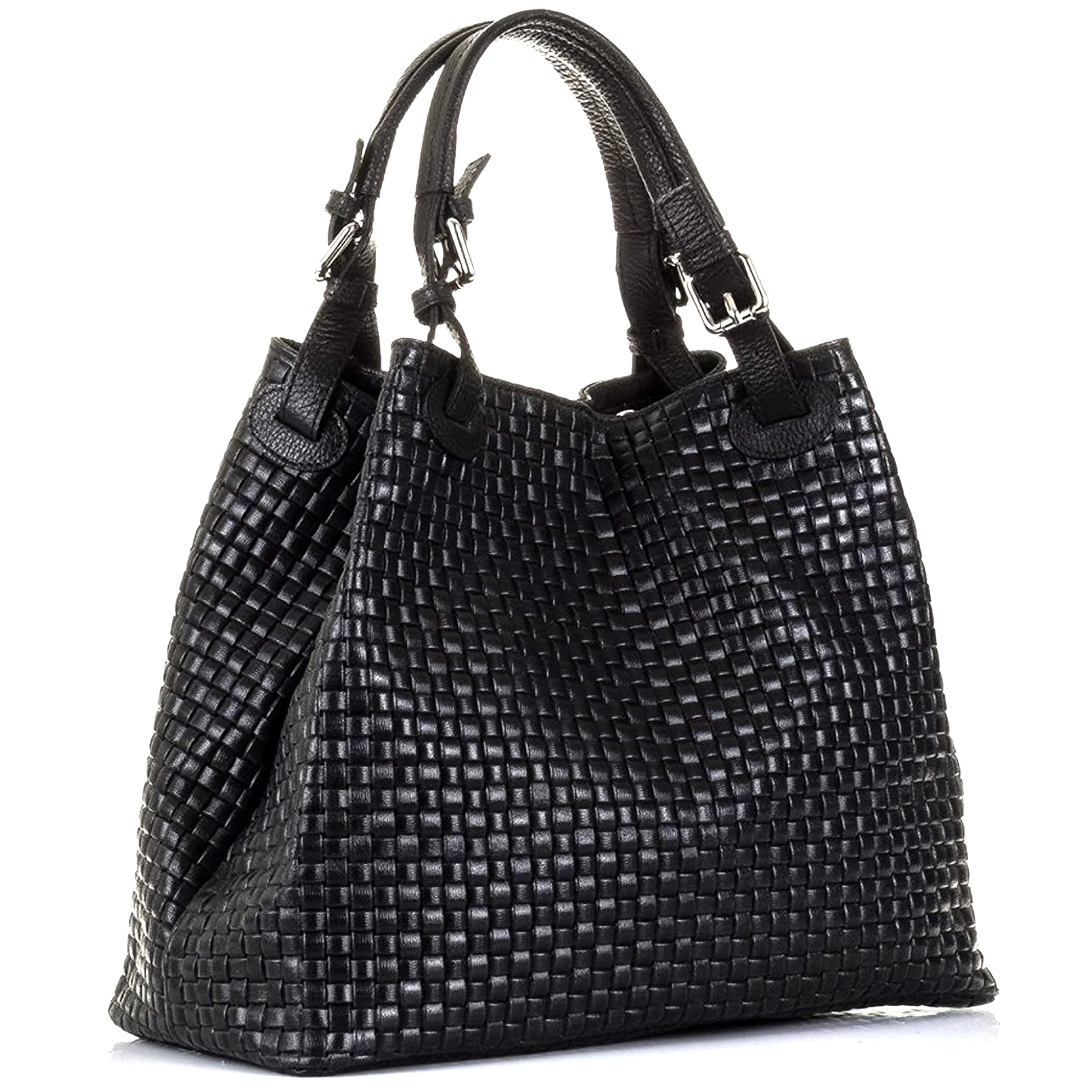 Bolso de mano estampado trenzado para mujer con correa de piel auténtica - 33 x 17 x 29 cm, Negro , 33x17x29 Cm