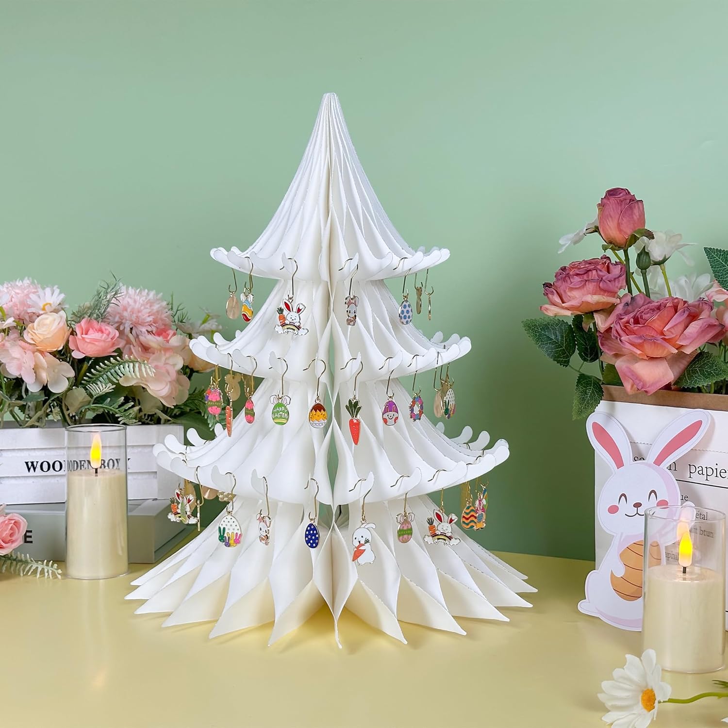 Easter Party Decorations, 15.75in Paper Easter Tree Easter Table Centerpieces Honeycomb with 50pcs Egg Bunny Ornaments Table Decorations Centerpiece for Home Birthday Baby Shower Spring Party (White)