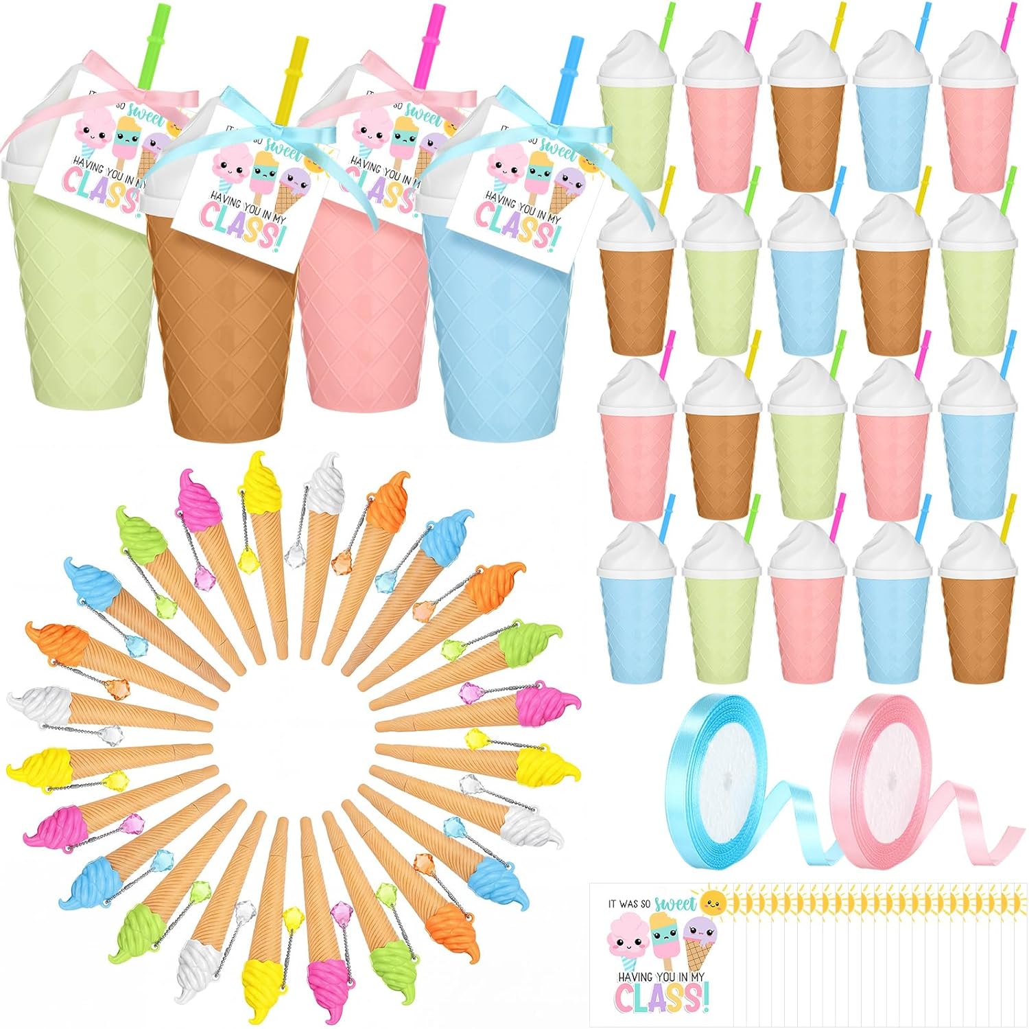 LemonRoad 24 Sets End of Year Gifts for Students from Teacher Include Ice Cream Shaped 14 oz Plastic Cups, Ice Cream Pen, Card and Ribbon for Summer Graduation Birthday Party Gifts Exchange Prizes