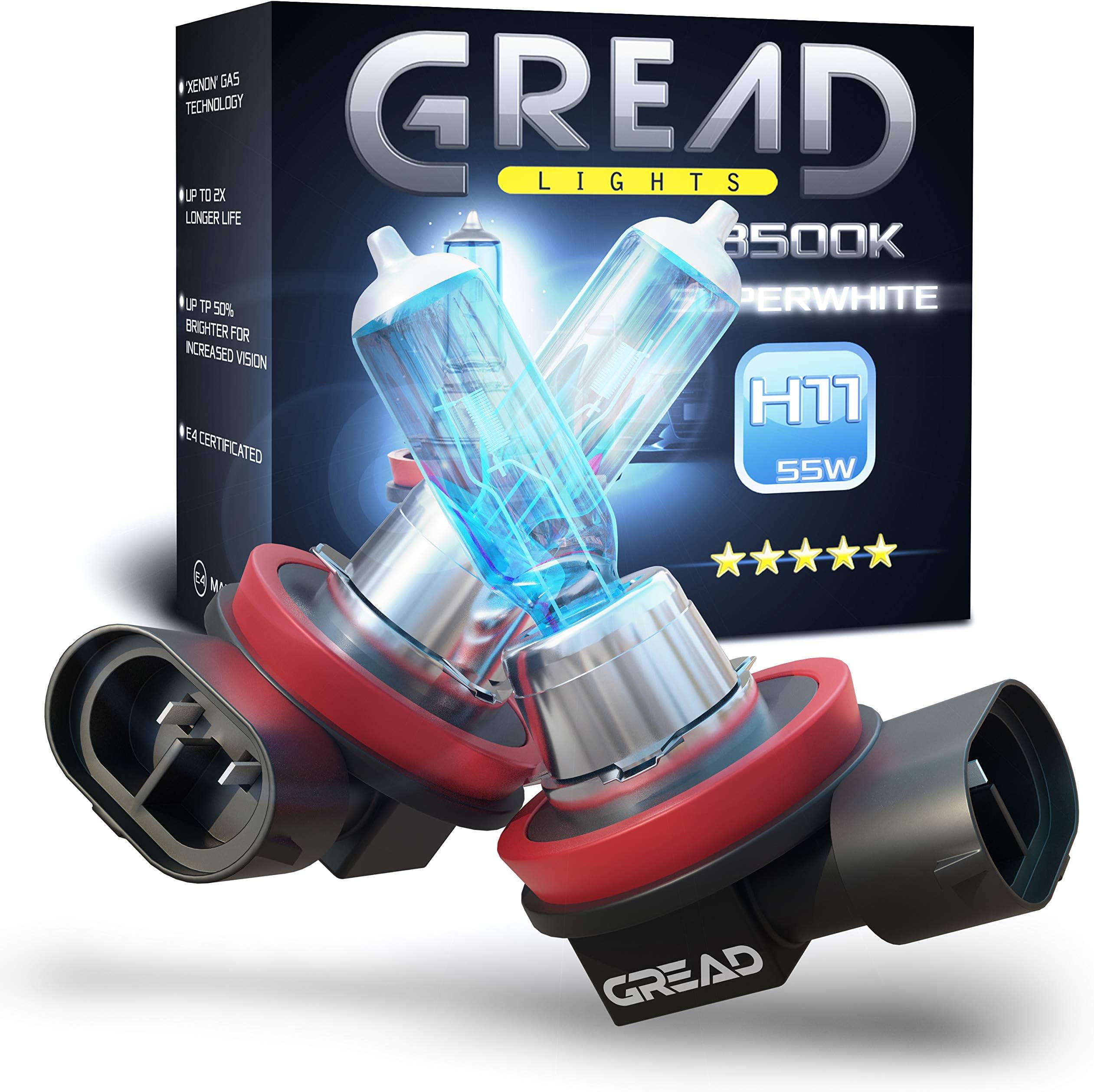 Gread H11 Super White Xenon-Look Halogen Lamps, 8500 K, 55 W, E-Certified