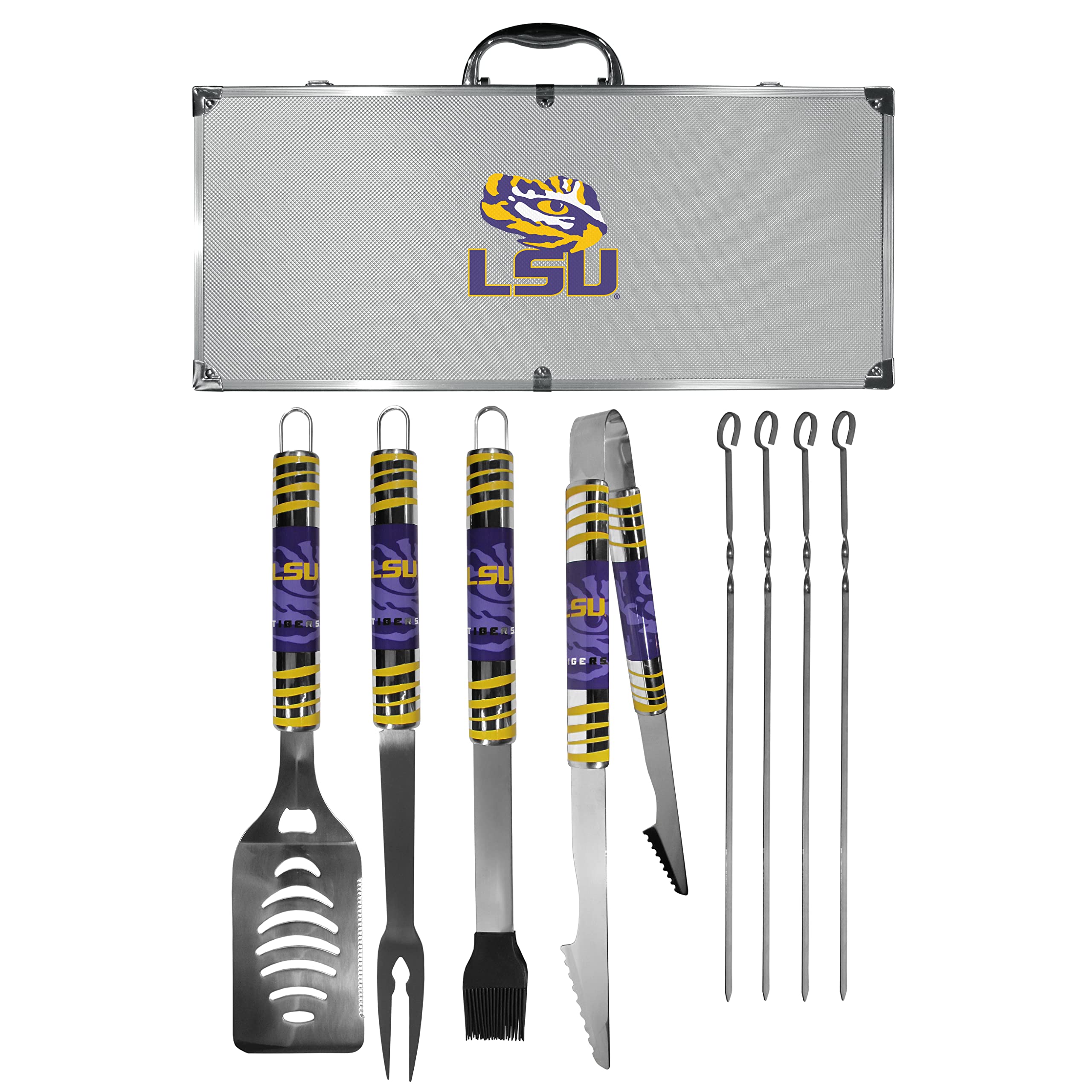 LSU Tigers 8-Piece Steel Tailgating BBQ Tool Set With Metal Case – Official NCAA Grill Kit For Game Day