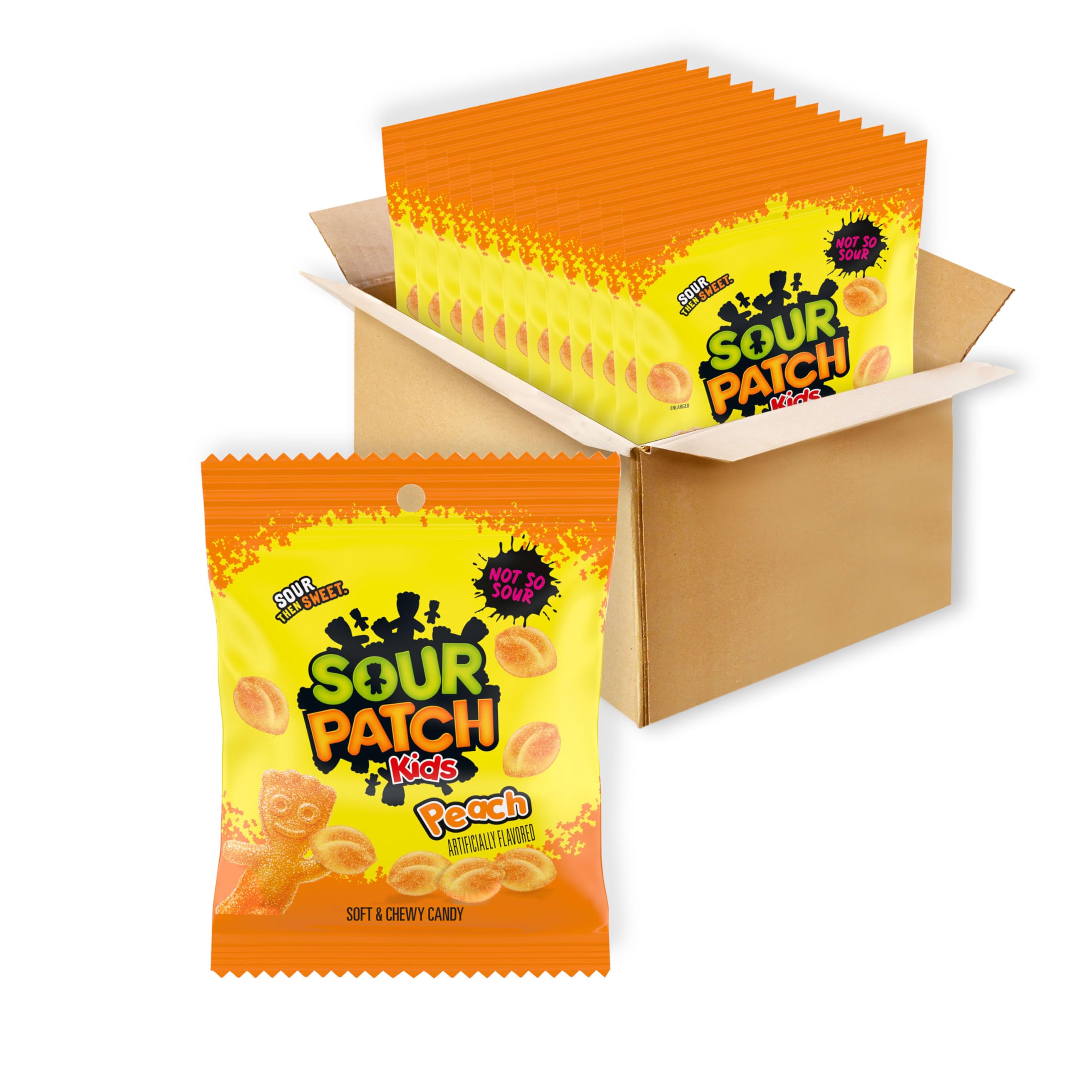 SOUR PATCH KIDS Caramelos suaves y masticables de melocotón, bolsas de 101 g, paquete de 12