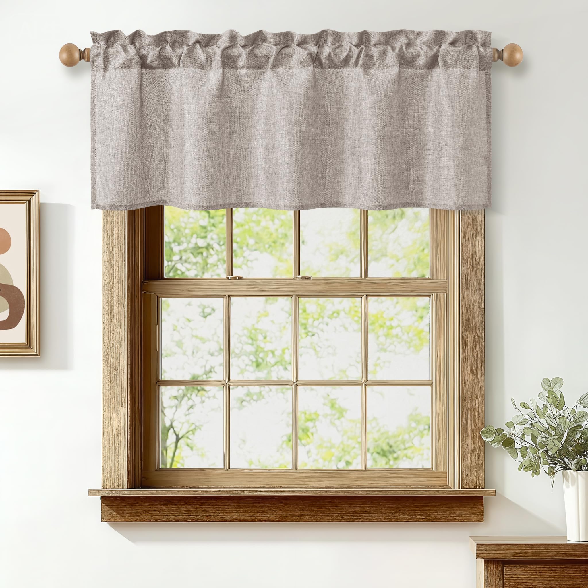JIUZHEN Faux Linen Valance Curtains - Light Filtering Short Window Treatment with Rod Pocket, Farmhouse Valances for Kitchen Living Room Bedroom Bathroom, 42 x 12 Inch, 1 Panel, Stone - 2