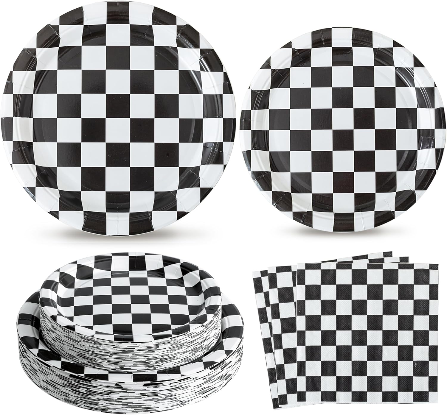 150PCS Race Car Birthday Party Decorations - Black and White Checkered Plates and Napkins for 50 Guests, Disposable Tableware Supplies for Birthdays, Game Day, and Racing-Themed Parties