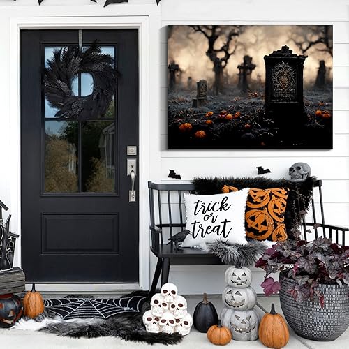 Miniatura 38 de Denozer Lienzo decorativo para pared de Halloween, castillo de terror de 32 x 24 pulgadas, decoración de pared de luna, decoración de otoño de Obra