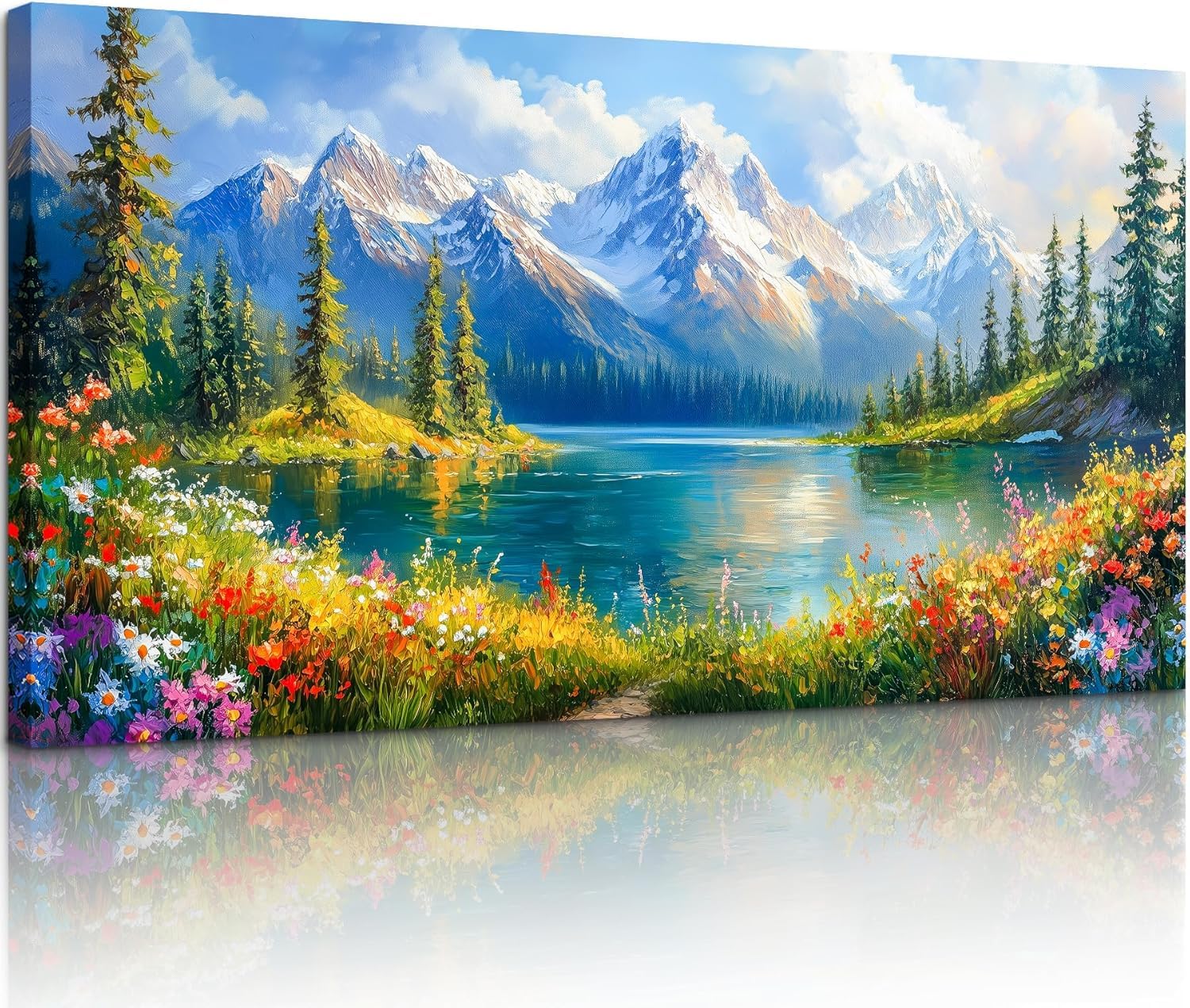 Lake Landscape Wall Art, Wildflower Snow Mountain Forest Artwork, Nature Sunny Paintings Prints Living Room Decor (60x120cm/No Frame)