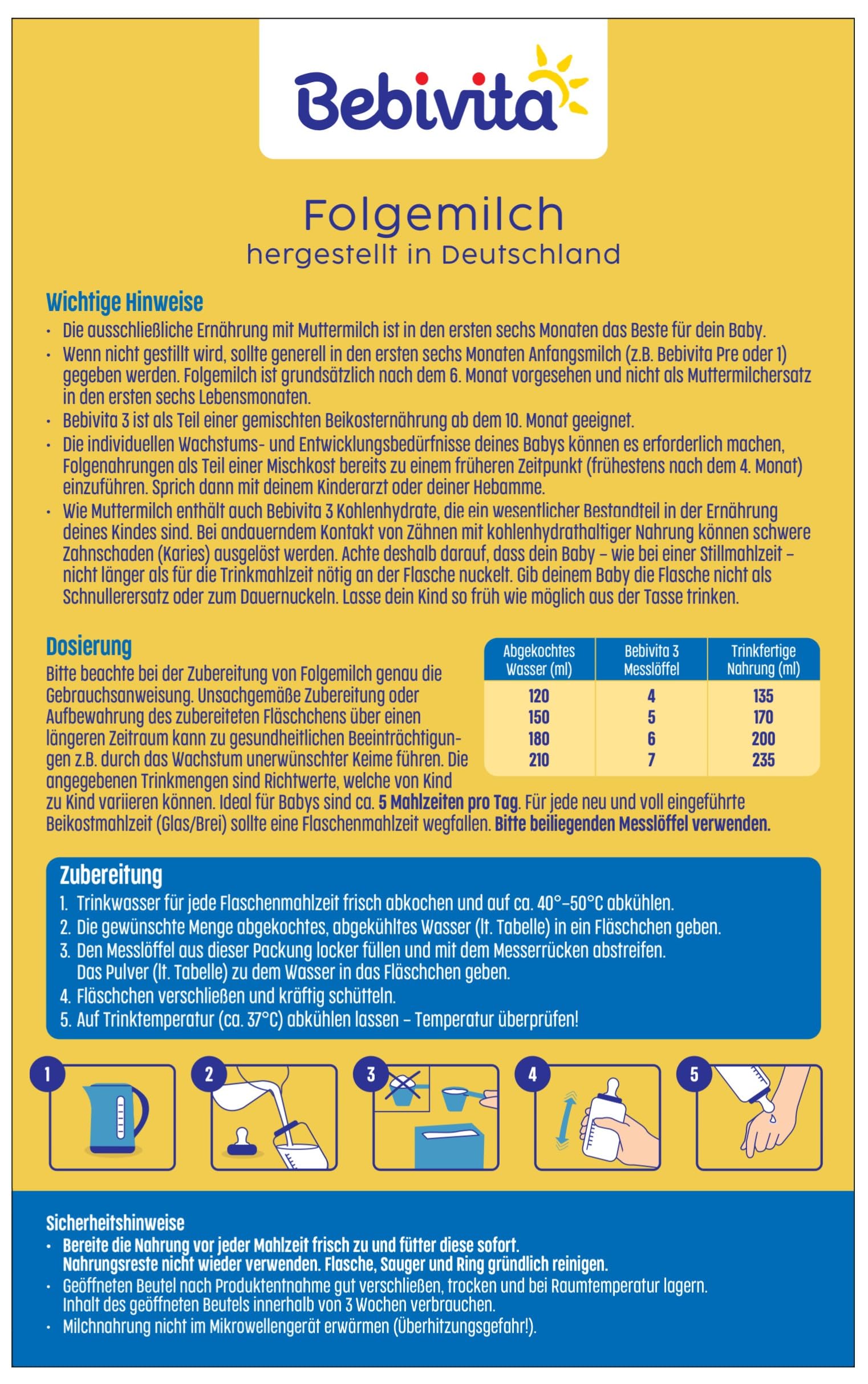 Bebivita 3 Folgemilch (4 x 500g), ab dem 10. Monat, mit Vitamin C und D, Omega-3 (DHA,ALA), altersgerecht sättigend