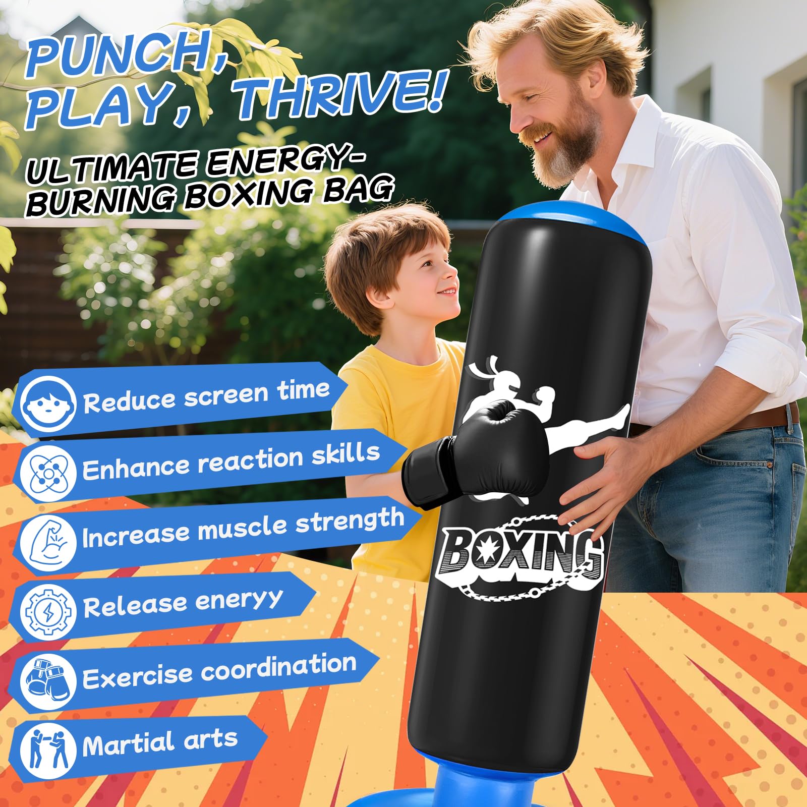 Ninonly Boxsack Kinder Stehend mit Boxhandschuhen 160cm Ultra Verstärkte PVC Aufblasbarer Boxsack Standboxsäcke für Kinder Geschenk für Jungen & Mädchen im Alter von 3-12 Jahren für Karate,Taekwondo