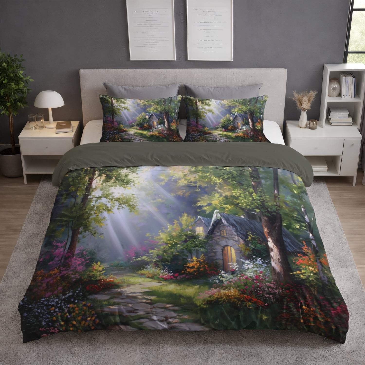 Ilustracja Poszwa na kołdrę 150-220 x 240 cm z poszewkami na poduszki Las Światło słoneczne Przytulny Kabina Extra Soft Multicolor Pościel z zamkiem błyskawicznym dla chłopców i dziewcząt