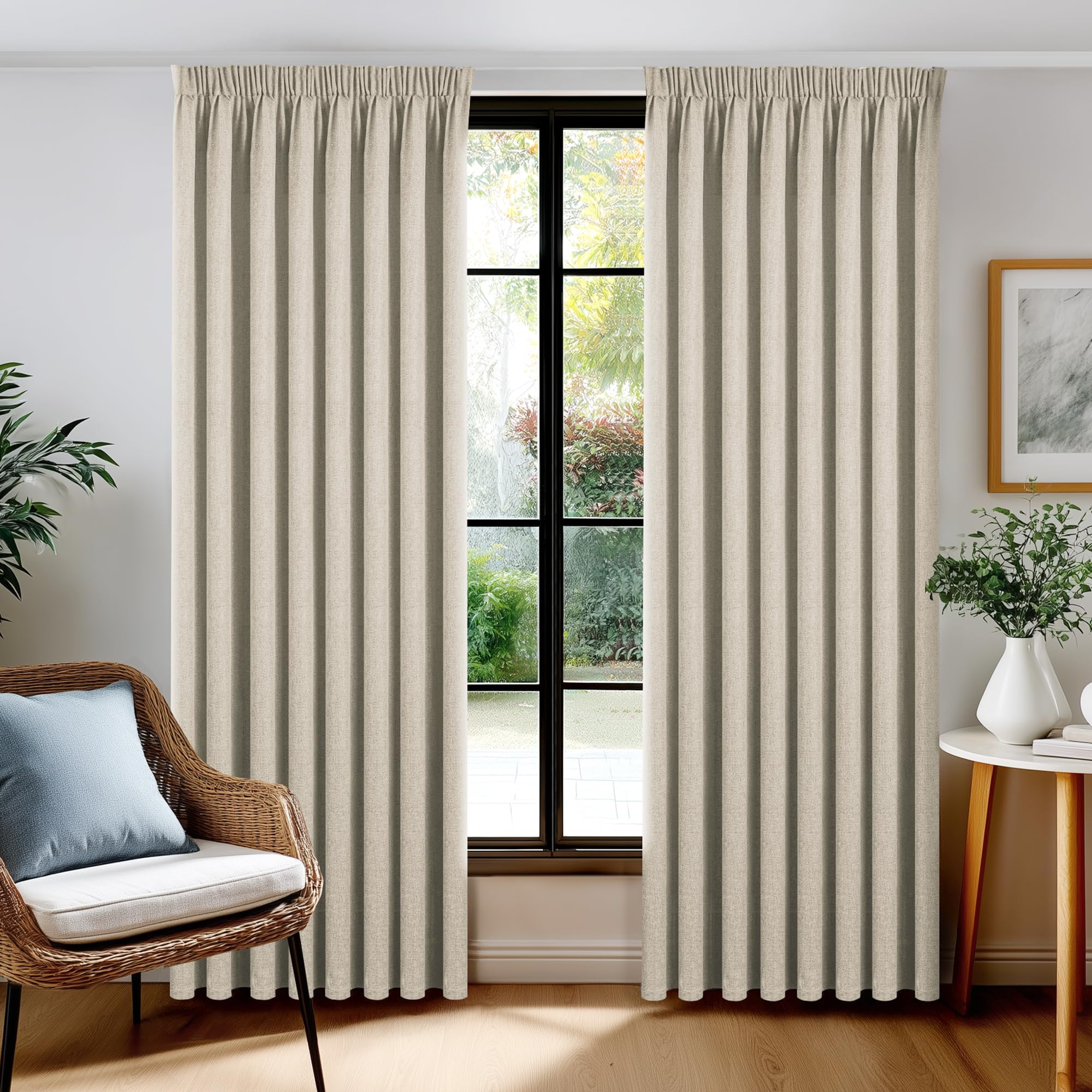 Deconovo Leinen Verdunklungsvorhang mit Kräuselband, 100% Blickdicht, Thermo & Schallschutz, Leinenoptik Blackout Gardine für Wohnzimmer