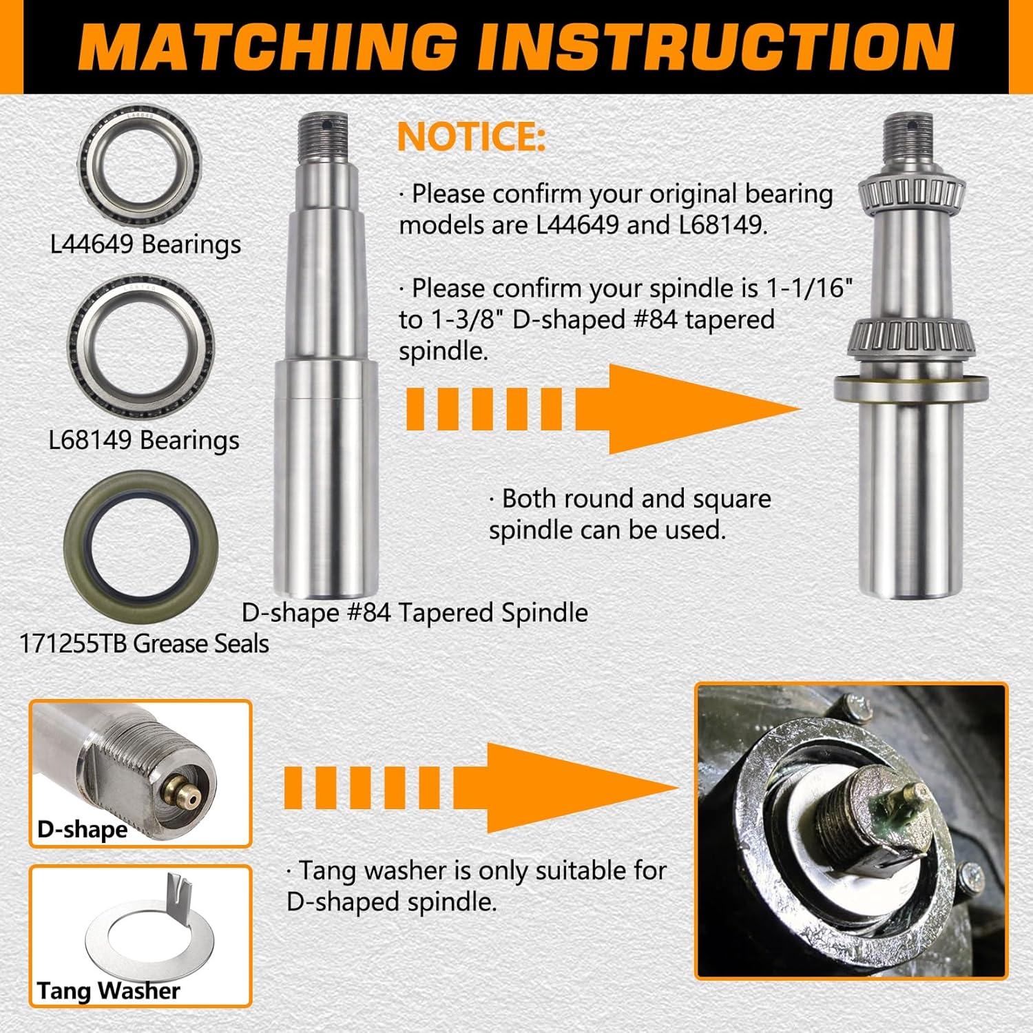 4 Sets L68149 L44649 Trailer Axle Hub Bearings Kit with D-Style Spindle Tang Washers, 171255TB/10-19 Grease Seals & Cotter Pins for 3500 lbs 1-3/8'' to 1-1/16'' #84 Tapered Spindles