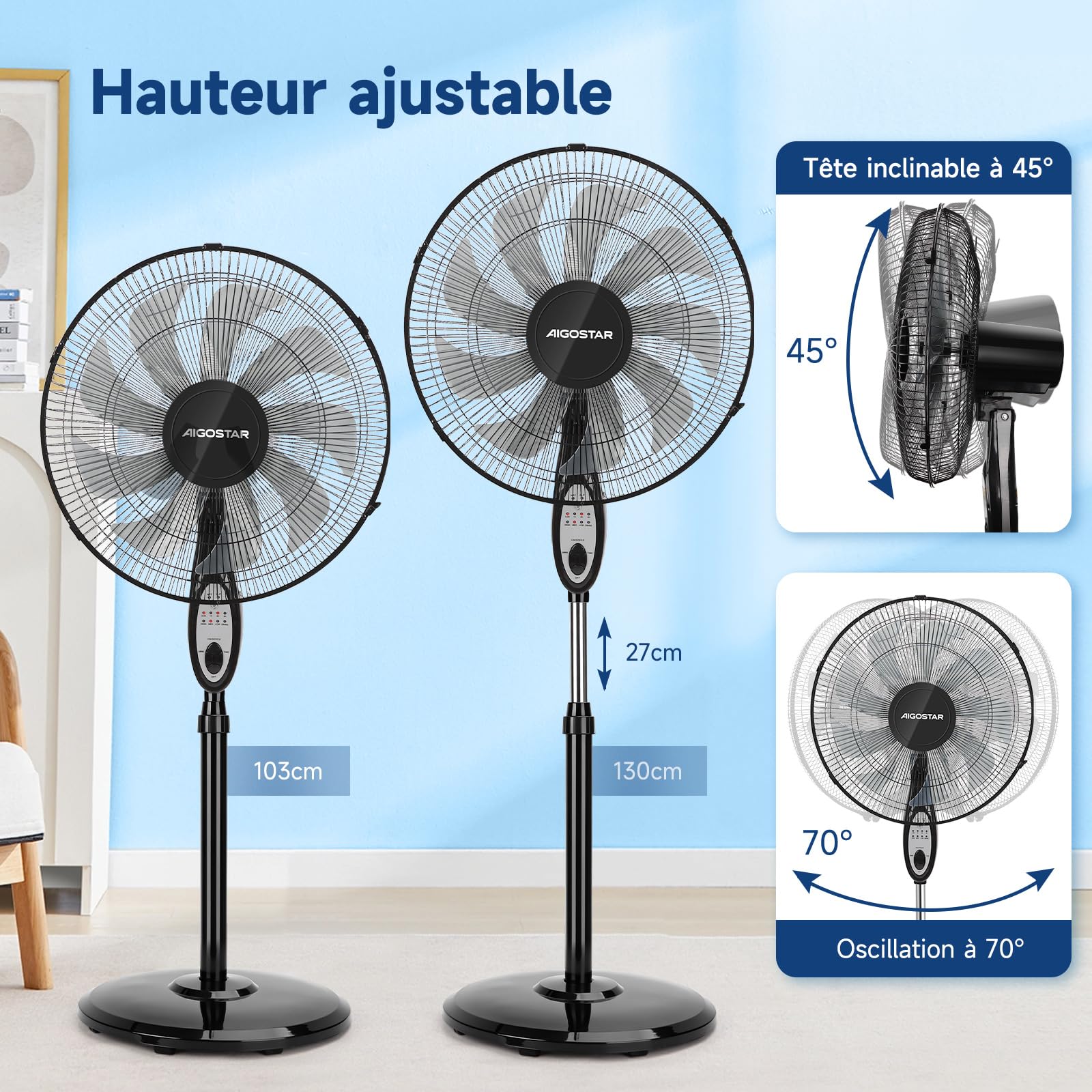 Aigostar Ventilateur sur pied silencieux, 9 pales, télécommande, 3 vitesses, 3 modes, minuterie de 7,5 heures, oscillant à 80°, ventilateur à hauteur réglable, base antidérapante, 60 W, Carr